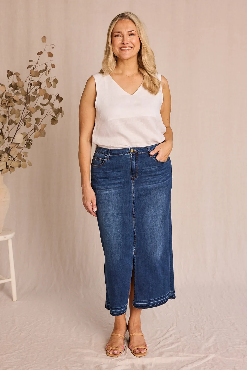 Adrift Denim Long Split Skirt in Mid Wash Adrift
