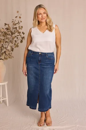 Adrift Denim Long Split Skirt in Mid Wash Adrift