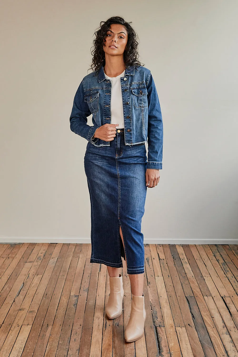 Adrift Denim Long Split Skirt in Mid Wash Adrift