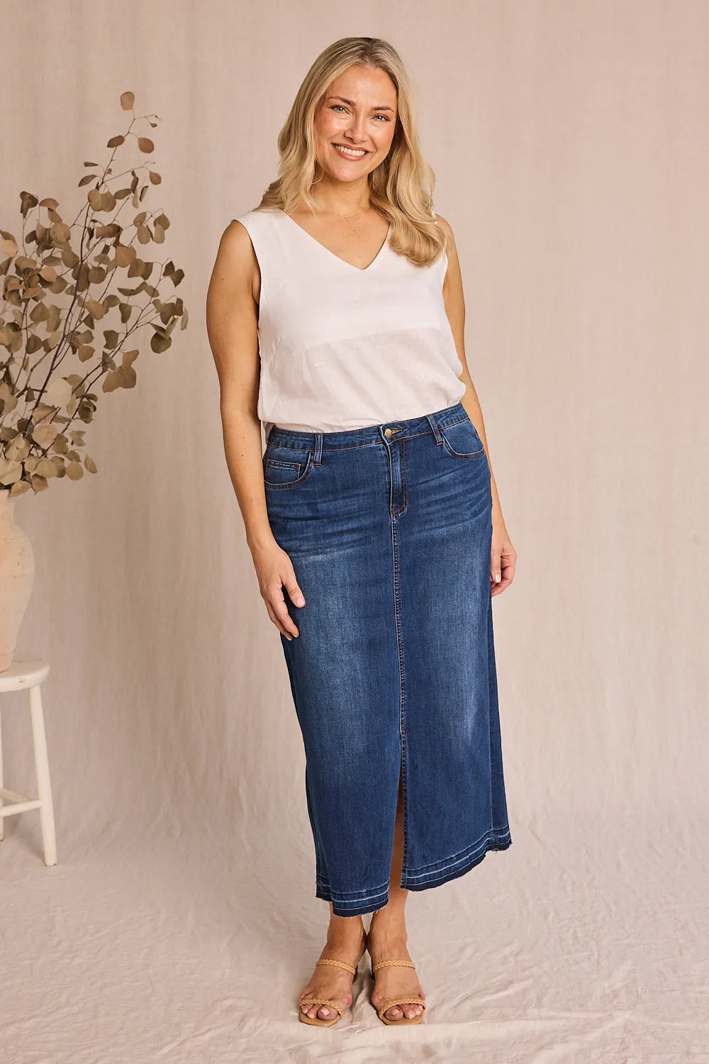 Adrift Denim Long Split Skirt in Mid Wash Adrift