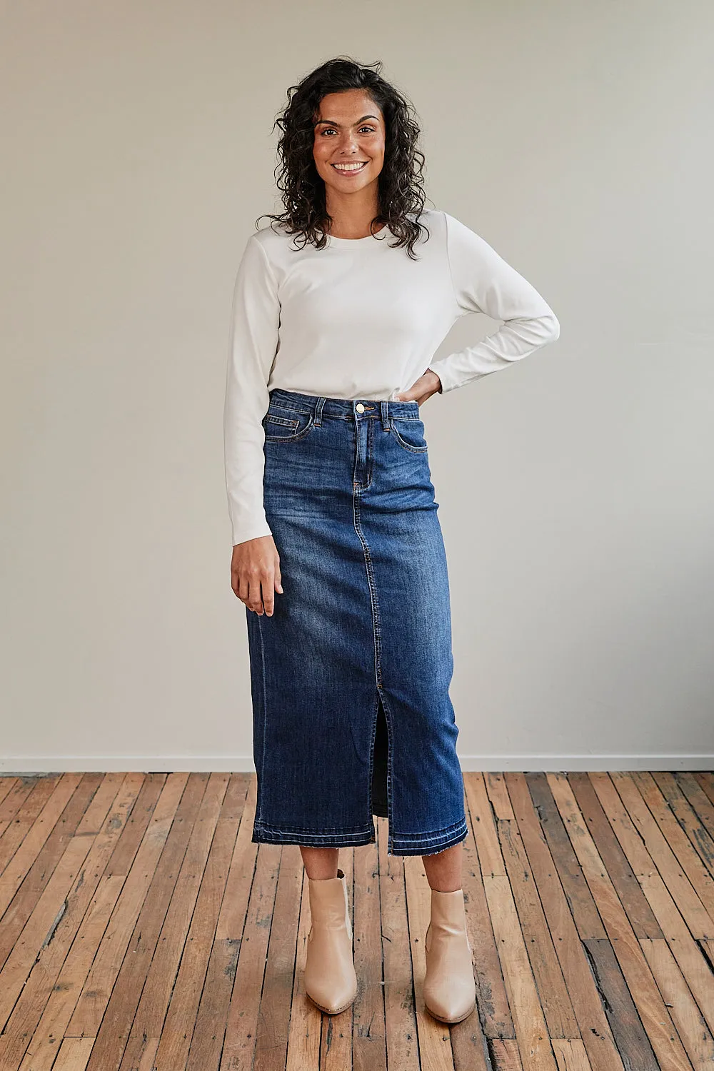 Adrift Denim Long Split Skirt in Mid Wash Adrift