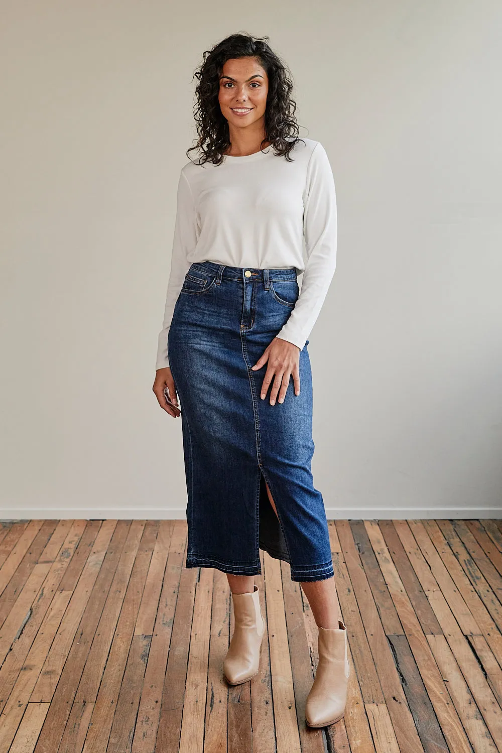 Adrift Denim Long Split Skirt in Mid Wash Adrift