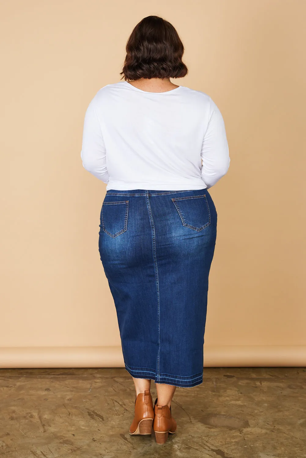 Adrift Denim Long Split Skirt in Mid Wash Adrift
