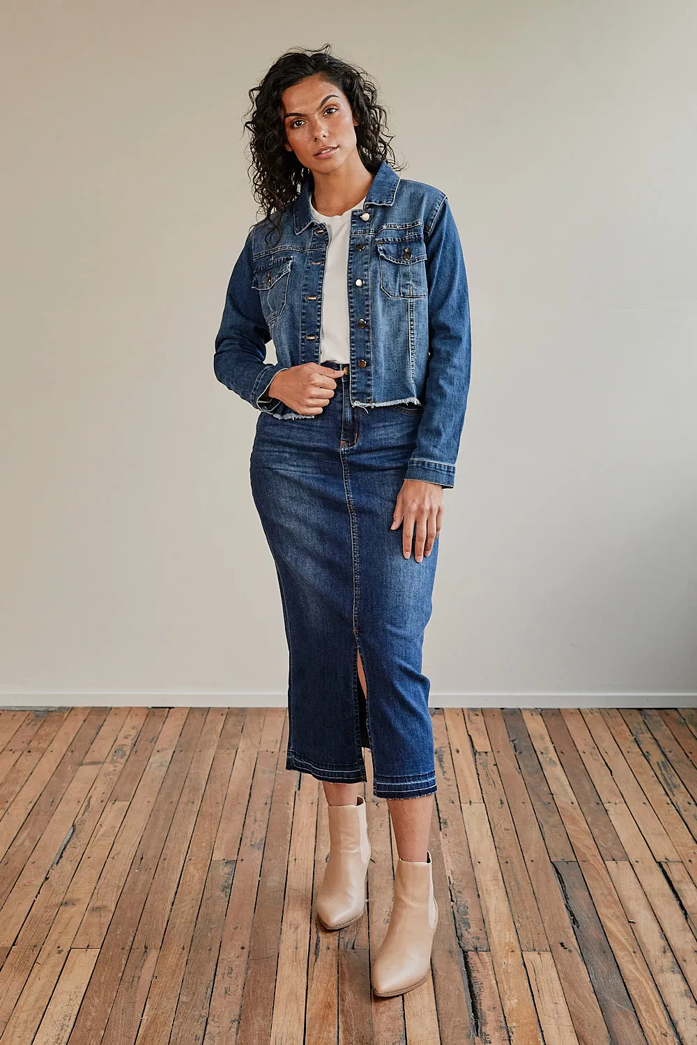 Adrift Denim Long Split Skirt in Mid Wash Adrift