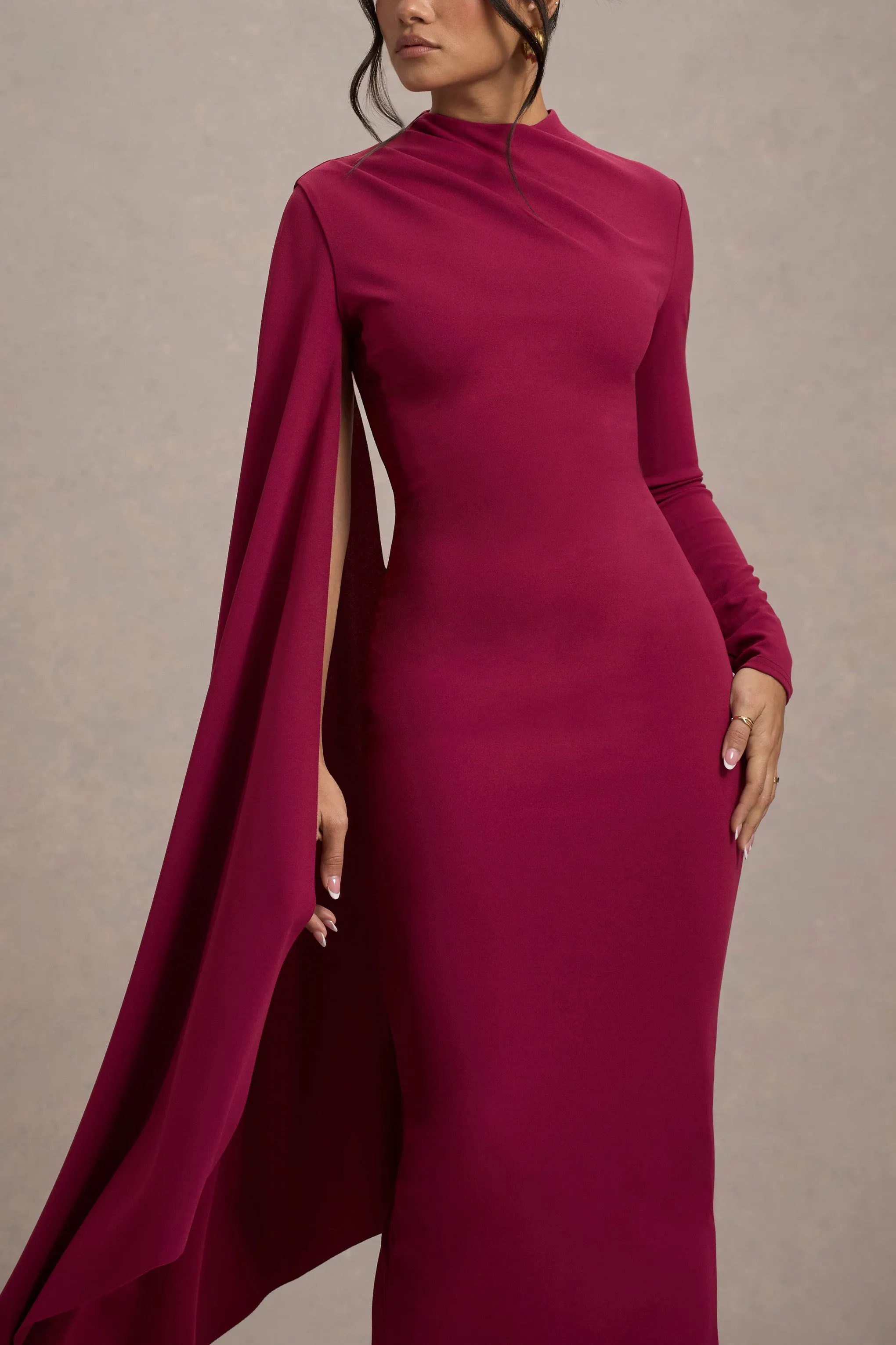 Aldona | Mulberry High-Neck Long-Sleeve Maxi Dress With Cape Sleeve Club L London