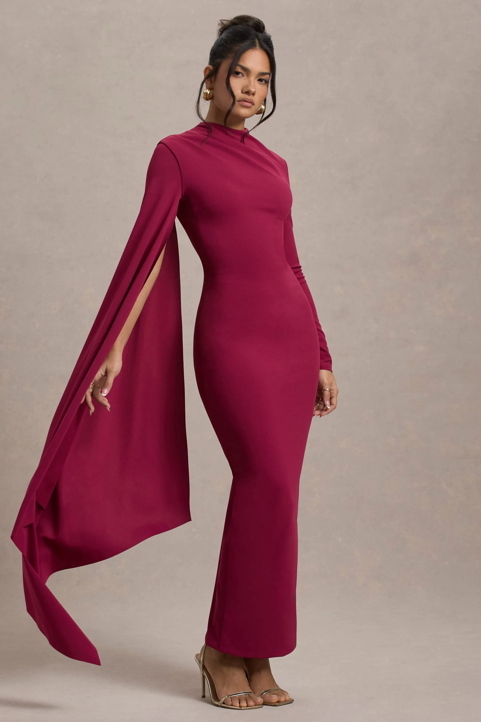 Aldona | Mulberry High-Neck Long-Sleeve Maxi Dress With Cape Sleeve Club L London