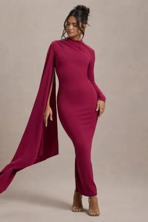 Aldona | Mulberry High-Neck Long-Sleeve Maxi Dress With Cape Sleeve Club L London