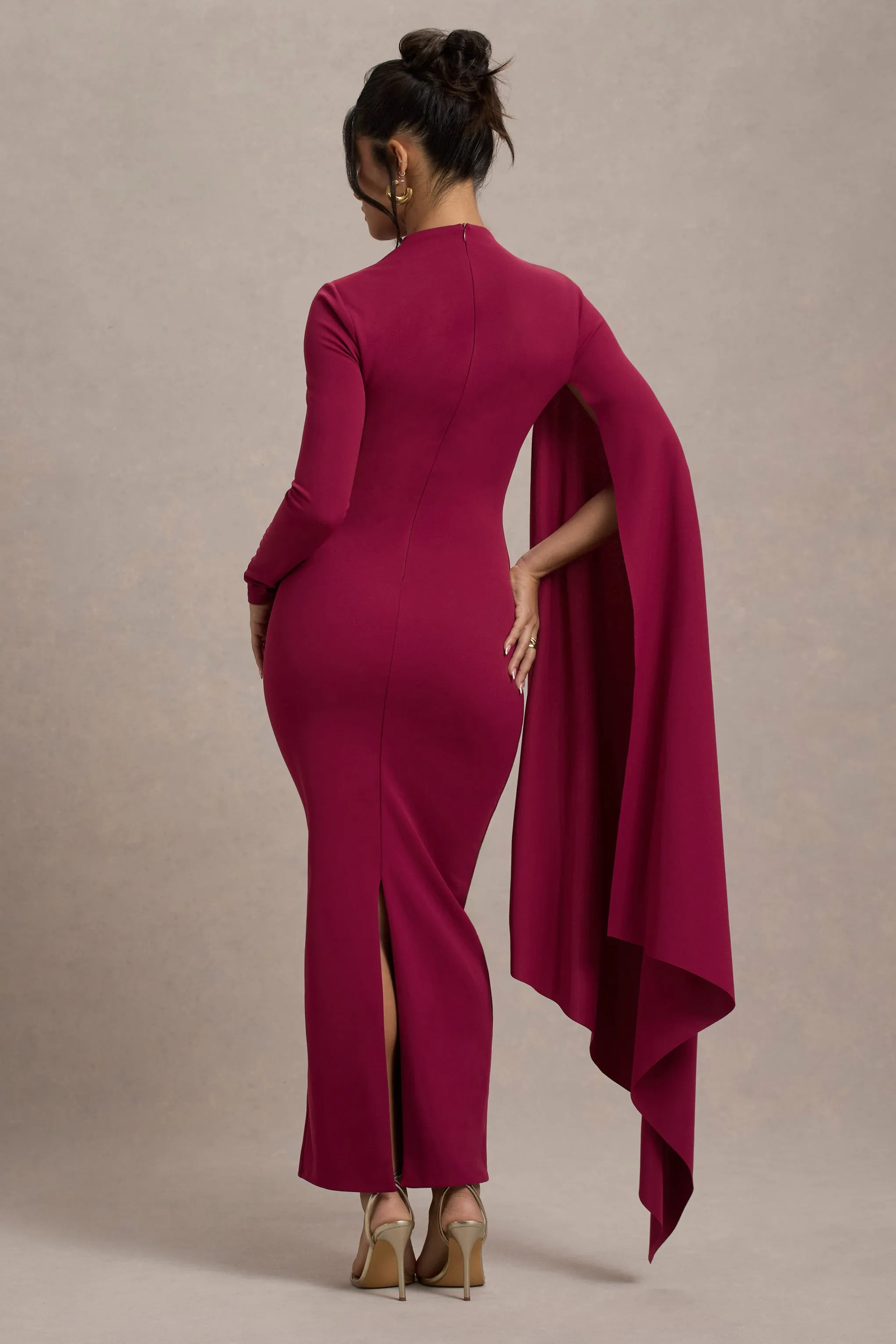 Aldona | Mulberry High-Neck Long-Sleeve Maxi Dress With Cape Sleeve Club L London