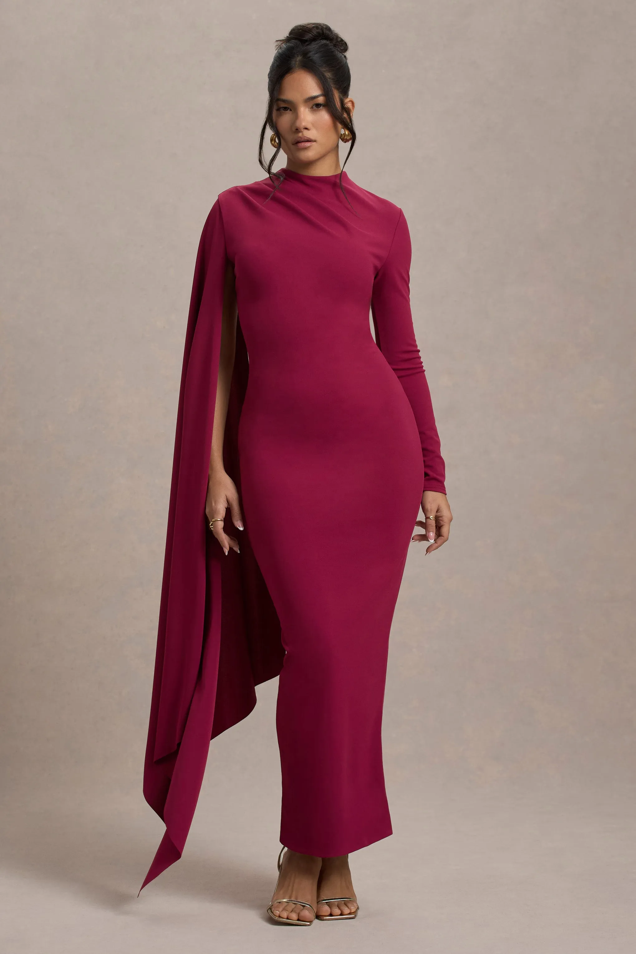 Aldona | Mulberry High-Neck Long-Sleeve Maxi Dress With Cape Sleeve Club L London