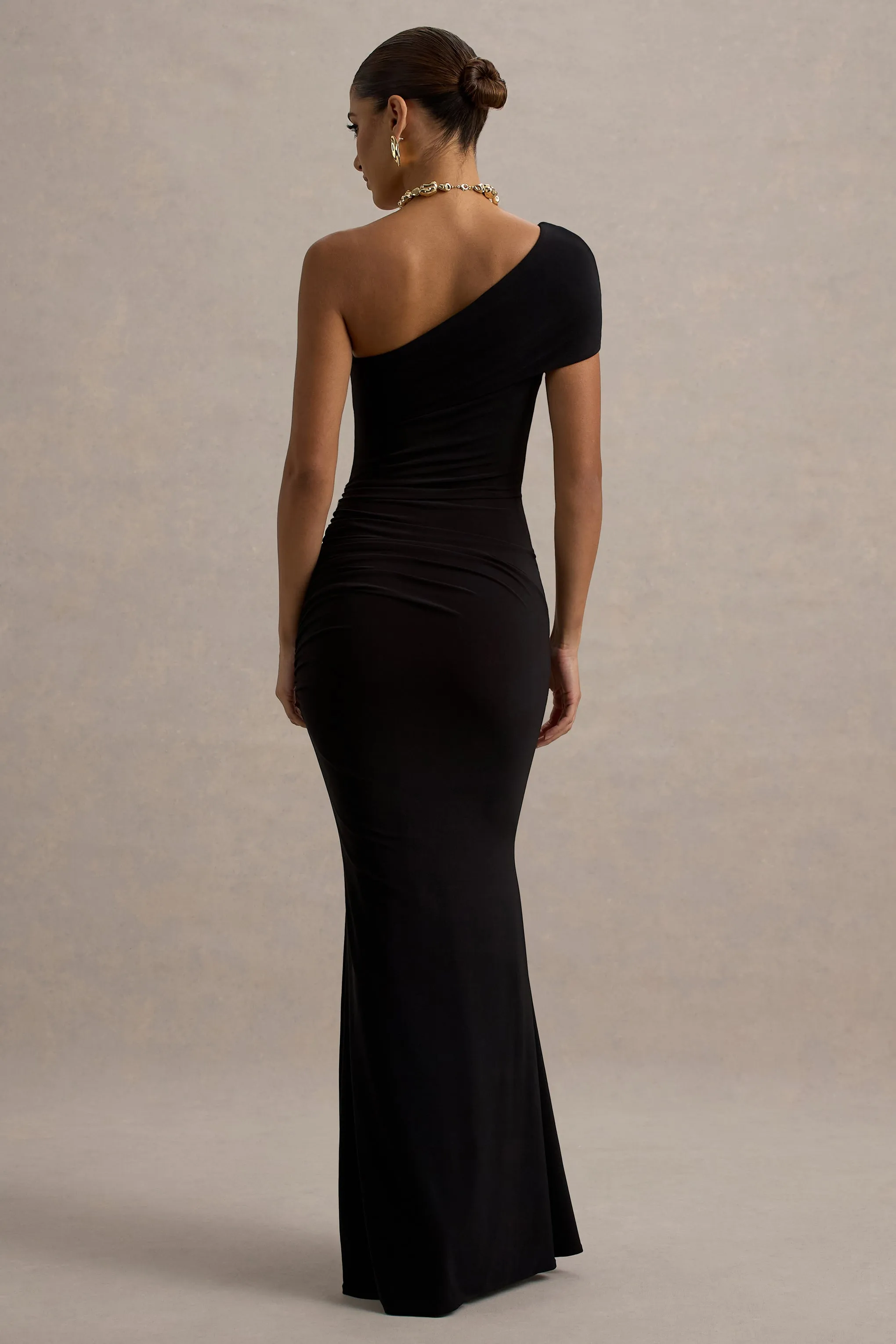Alethea | Black Asymmetric Bardot Maxi Dress Club L London