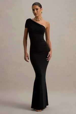 Alethea | Black Asymmetric Bardot Maxi Dress Club L London