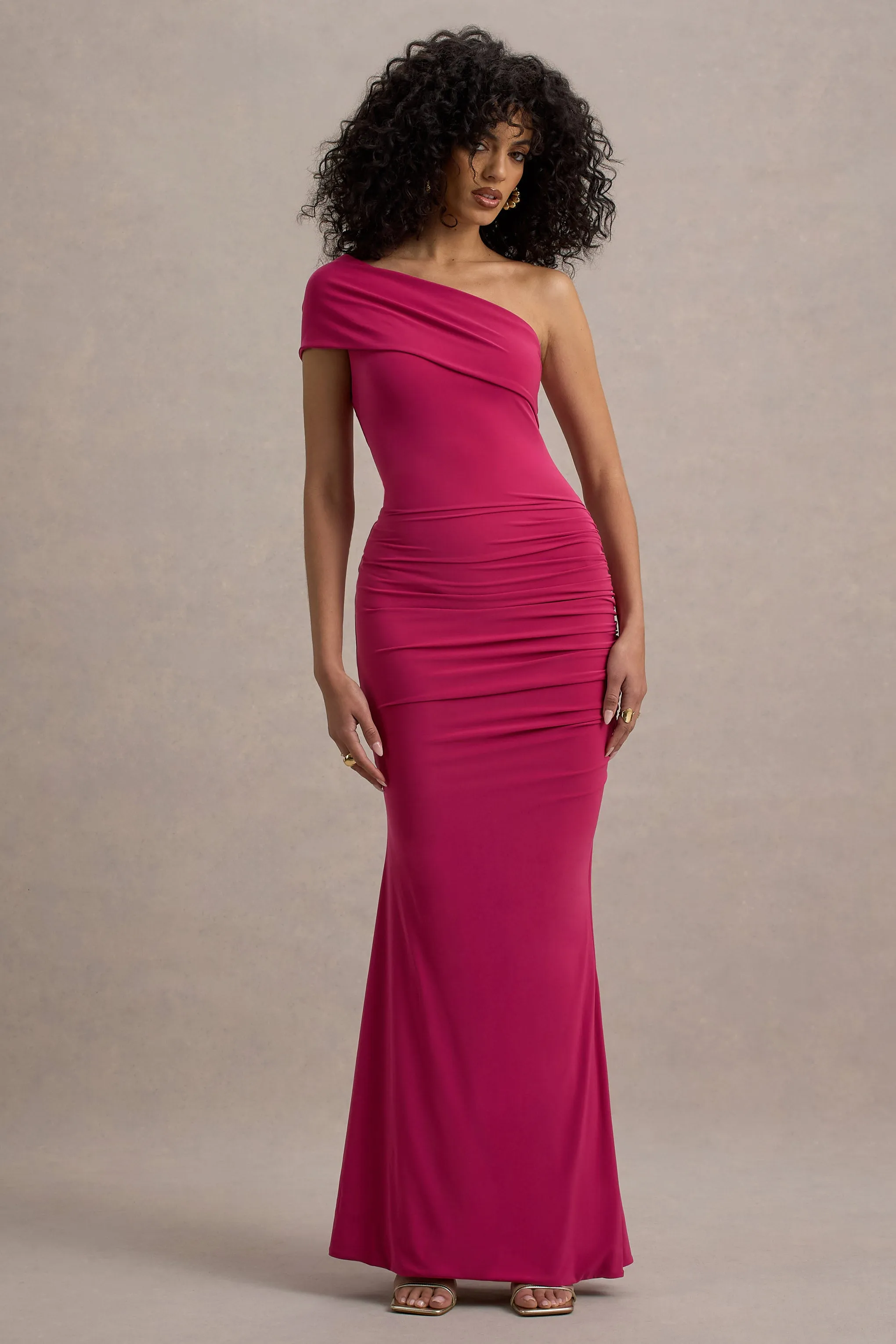 Alethea | Hot Pink Asymmetric Bardot Maxi Dress Club L London