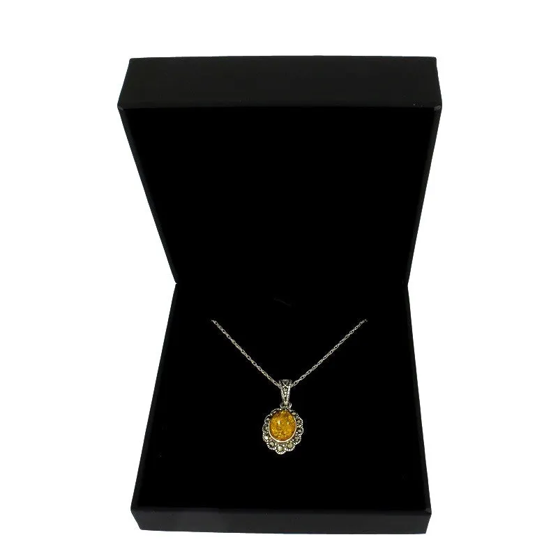 Amber & Marcasite Sterling Silver Oval Pendant and Chain