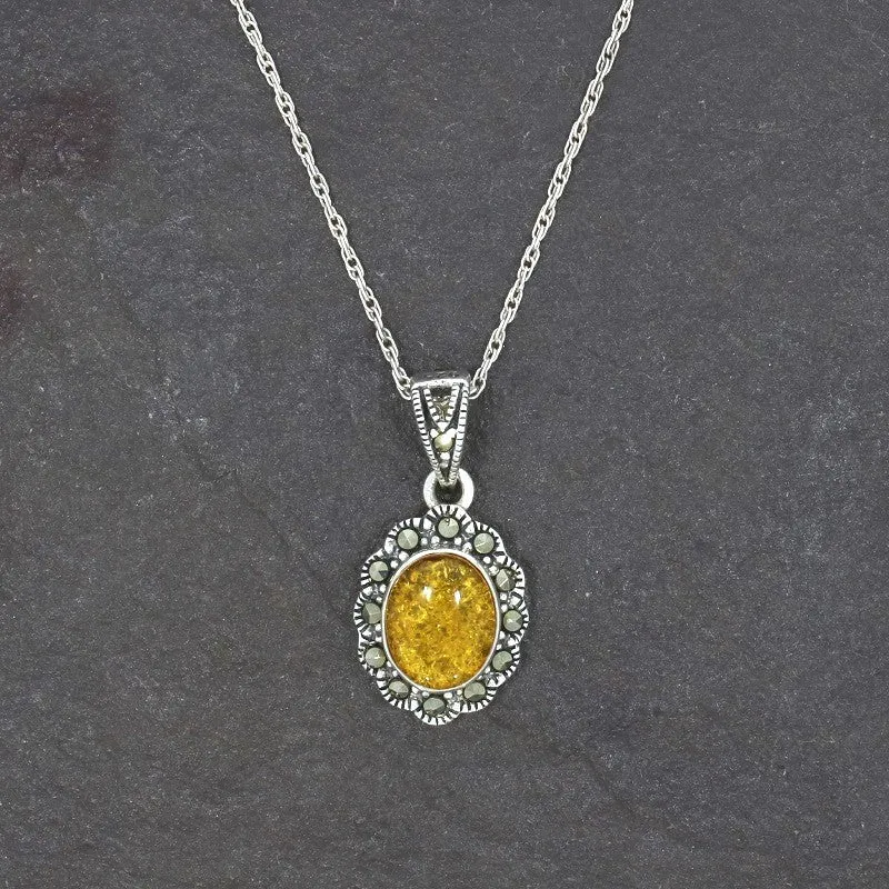 Amber & Marcasite Sterling Silver Oval Pendant and Chain