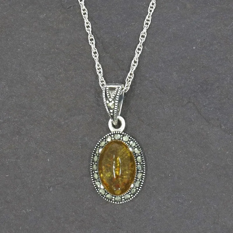 Amber and Marcasite Sterling Silver Oval Pendant and Chain