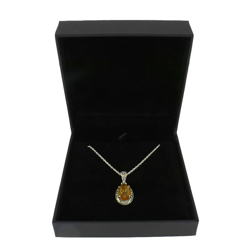 Amber and Marcasite Sterling Silver Oval Pendant and Chain