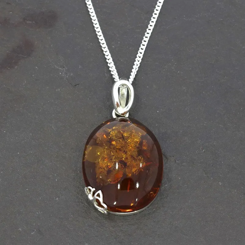 Amber Sterling Silver Large Oval Pendant & Chain