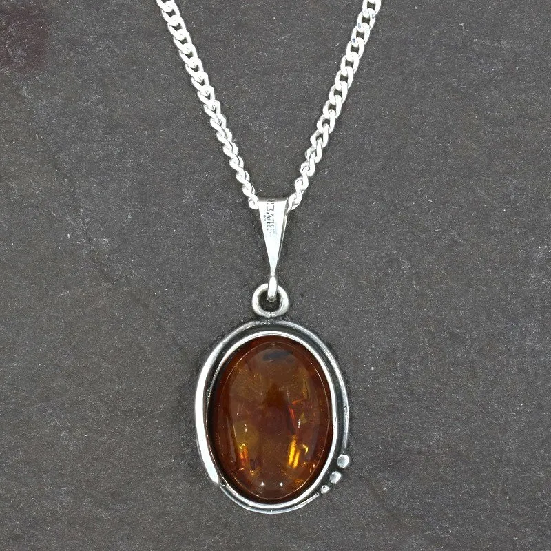 Amber Sterling Silver Oval Pendant and Chain