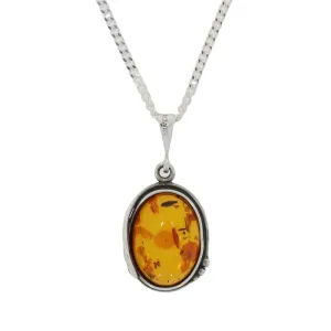 Amber Sterling Silver Oval Pendant and Chain