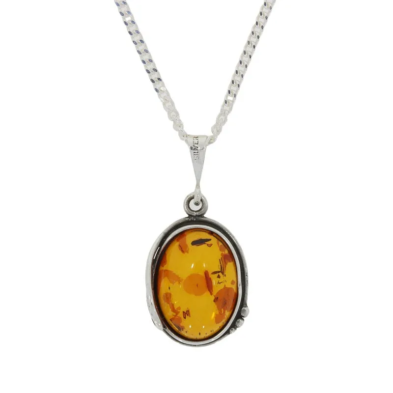 Amber Sterling Silver Oval Pendant and Chain