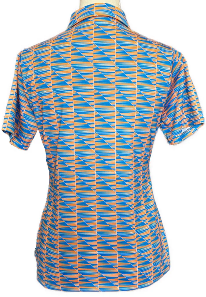 Antigua Blue & Orange Geometric Patterned Women's Short Sleeve Golf Top w/logo Size S