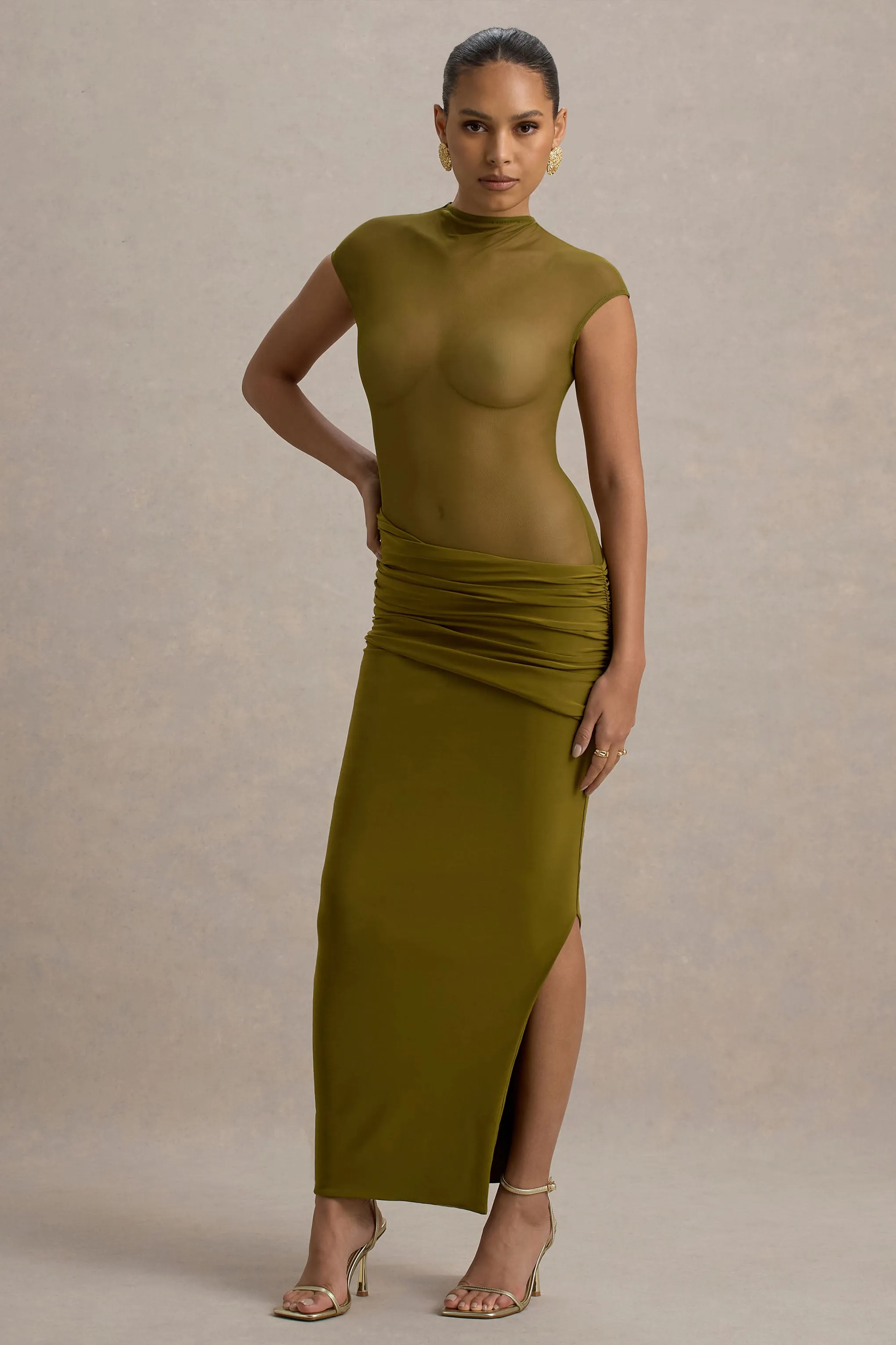 Asia | Green Sheer Short-Sleeve Draped Maxi Dress Club L London