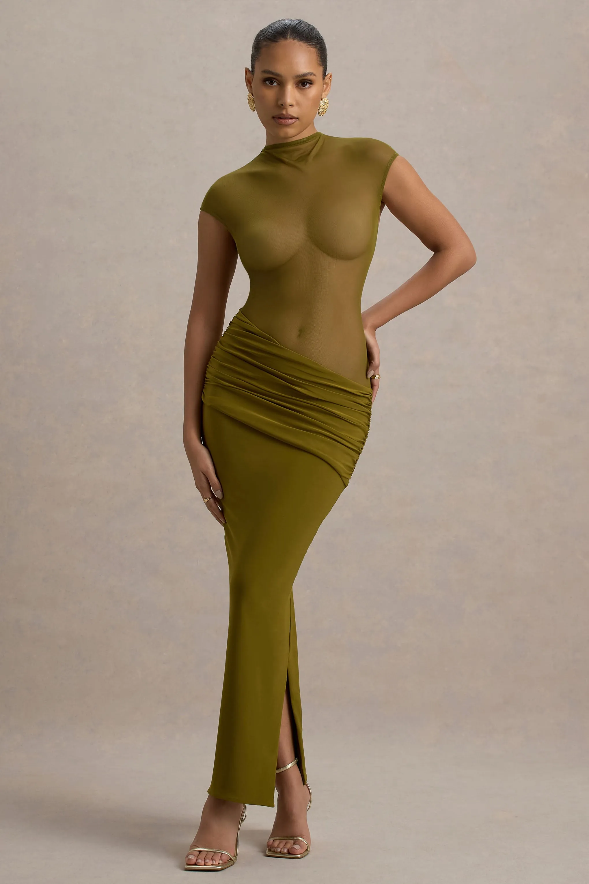 Asia | Green Sheer Short-Sleeve Draped Maxi Dress Club L London