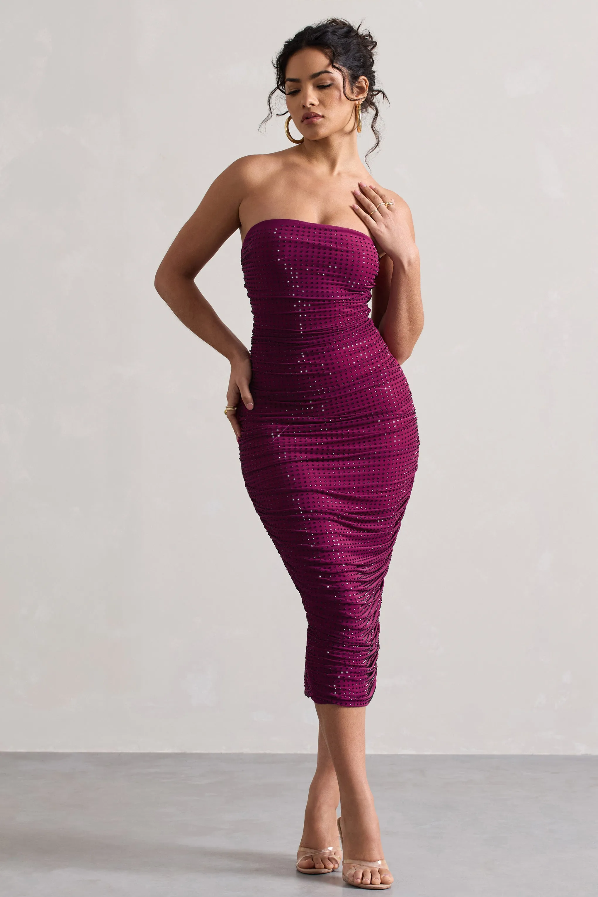 Astro | Dark Pink Embellished Bandeau Midi Dress Club L London