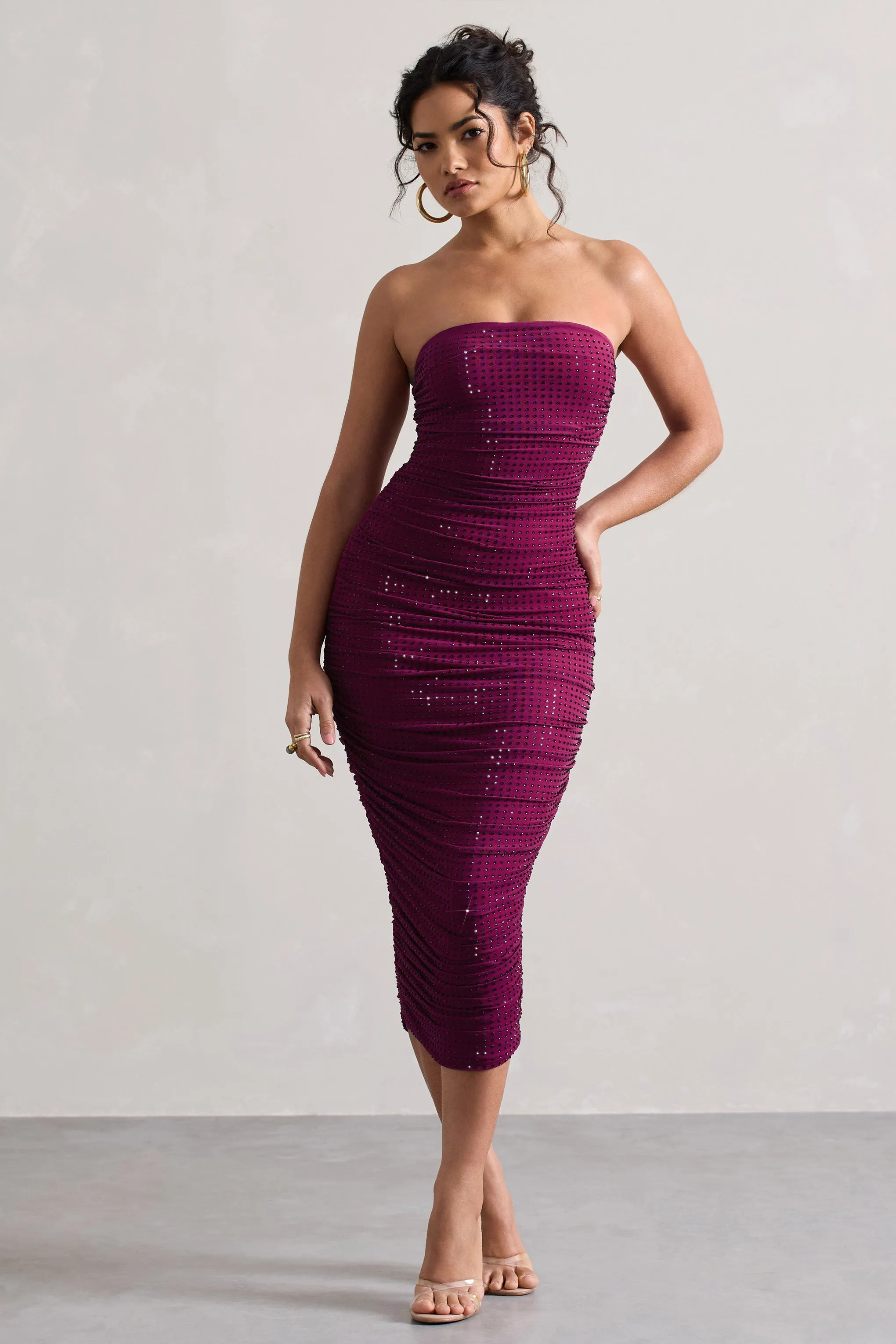 Astro | Dark Pink Embellished Bandeau Midi Dress Club L London