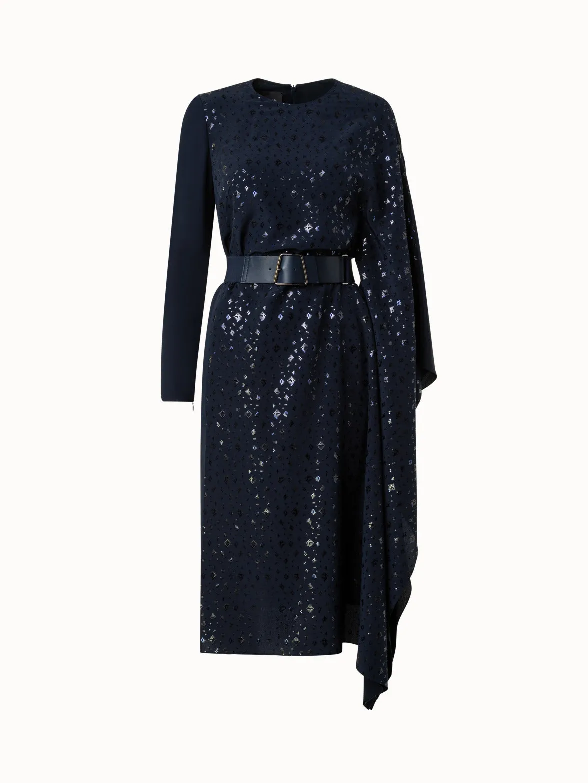Asymmetrical Silk Techno Blend Dress with Pixel Foil Embellishment 