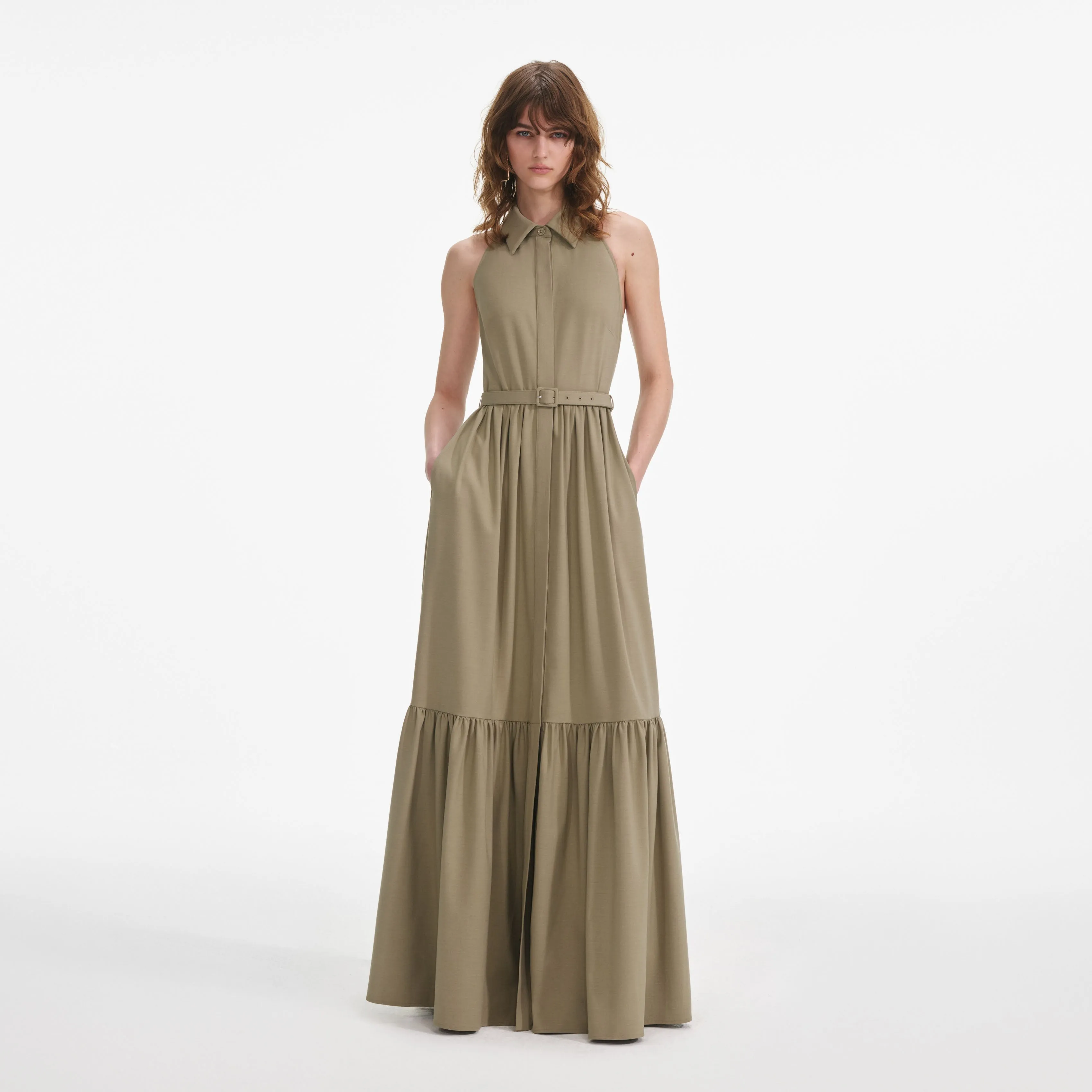Beige Sleeveless Twill Maxi Dress Self Portrait
