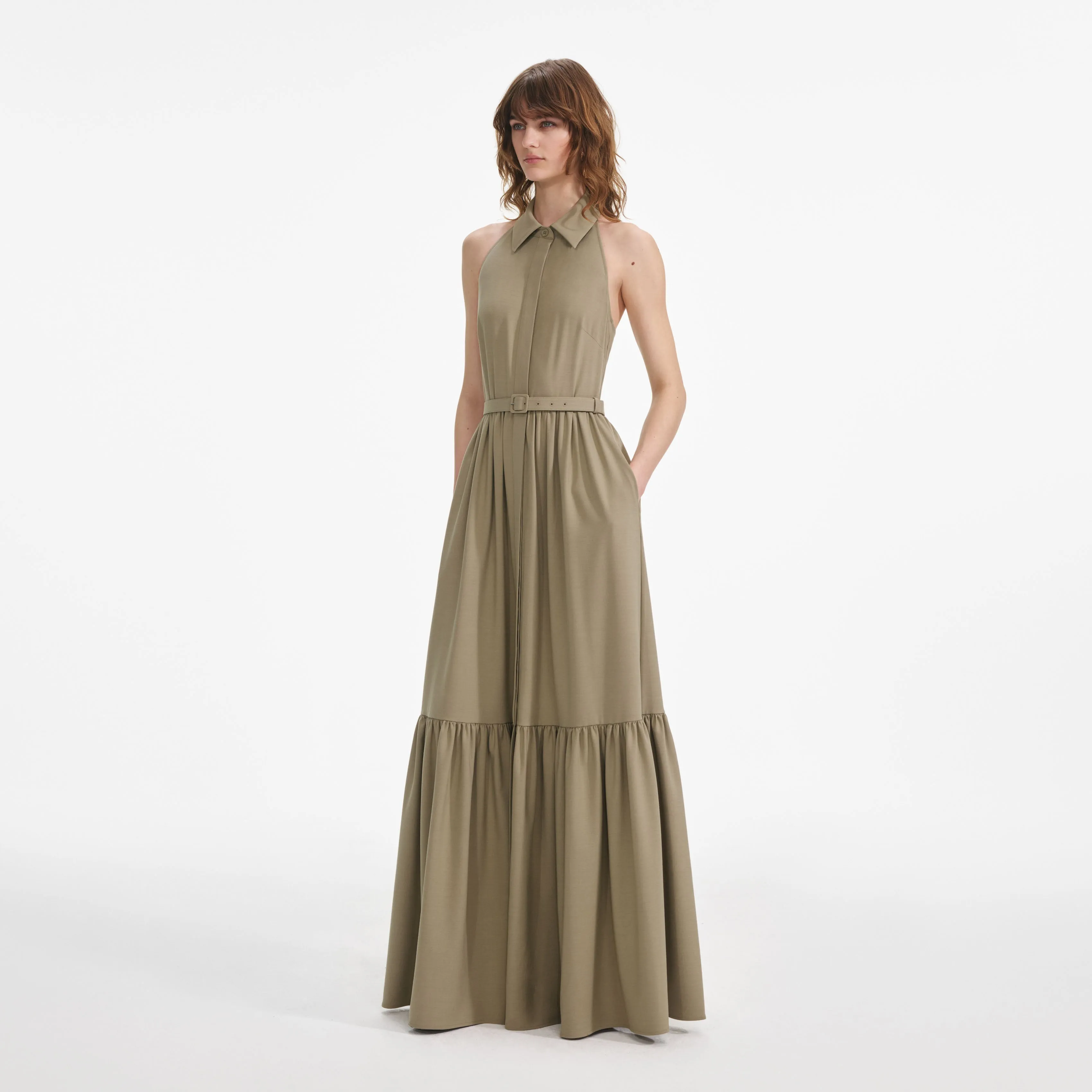 Beige Sleeveless Twill Maxi Dress Self Portrait