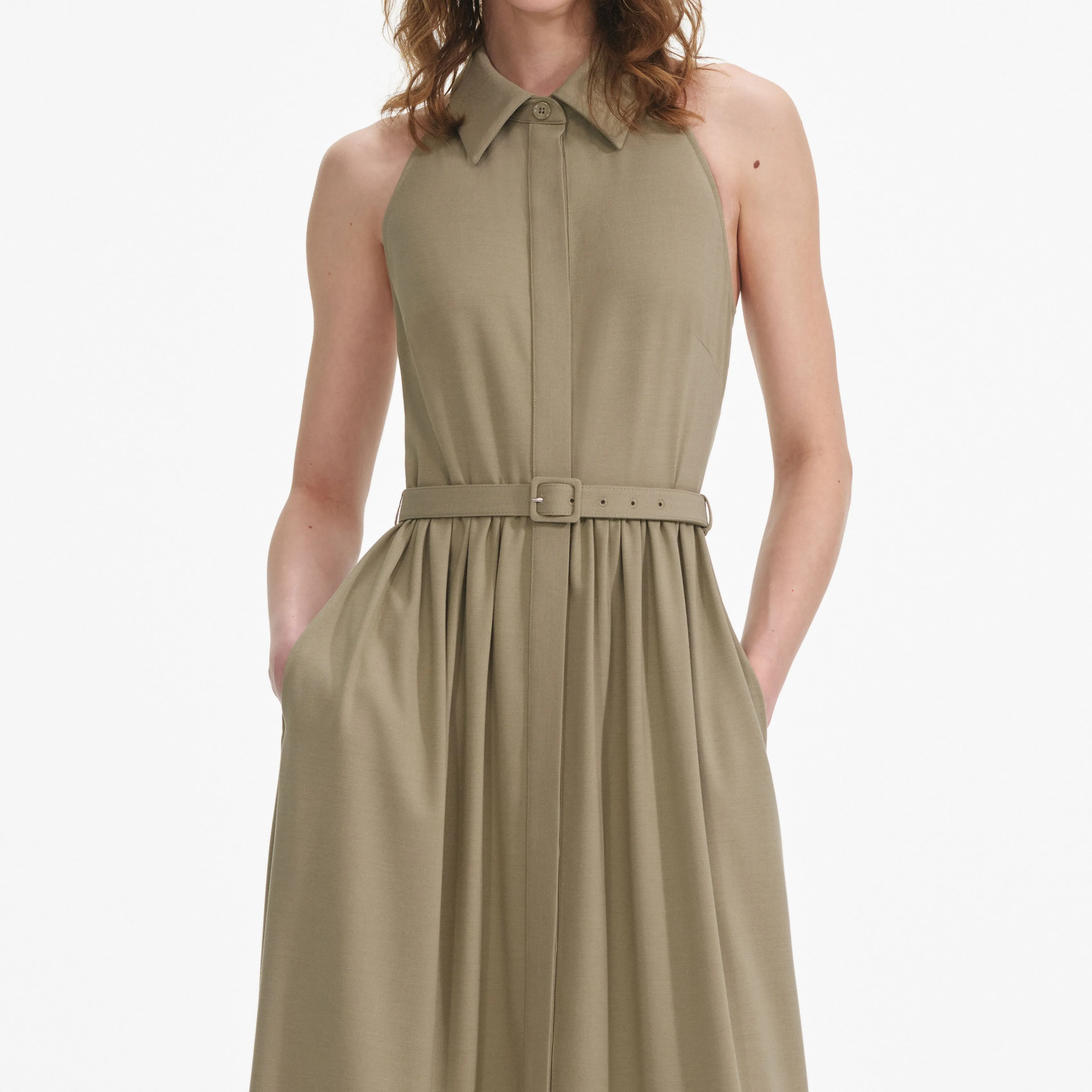 Beige Sleeveless Twill Maxi Dress Self Portrait