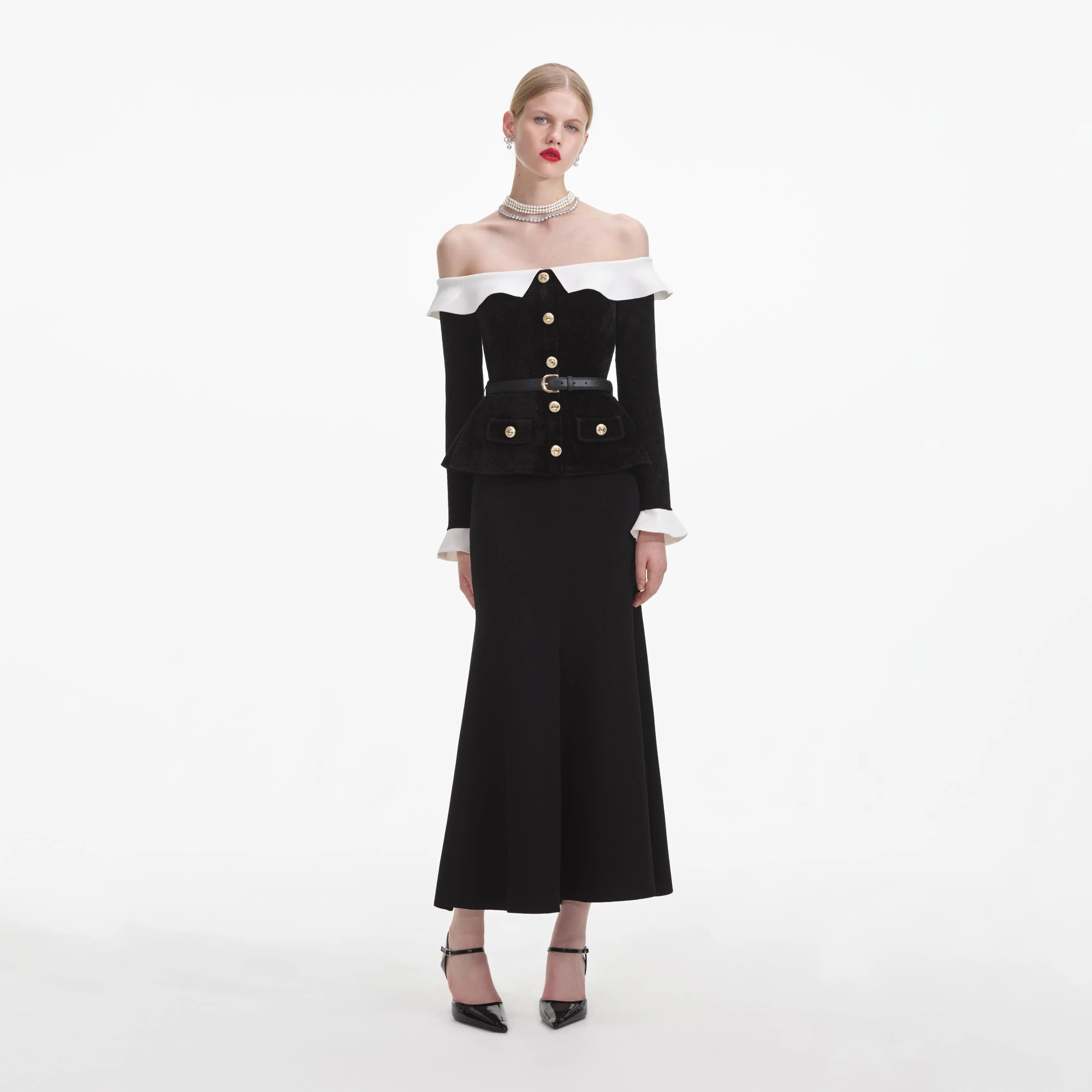 Black Chenille Knit Off Shoulder Midi Dress Self Portrait