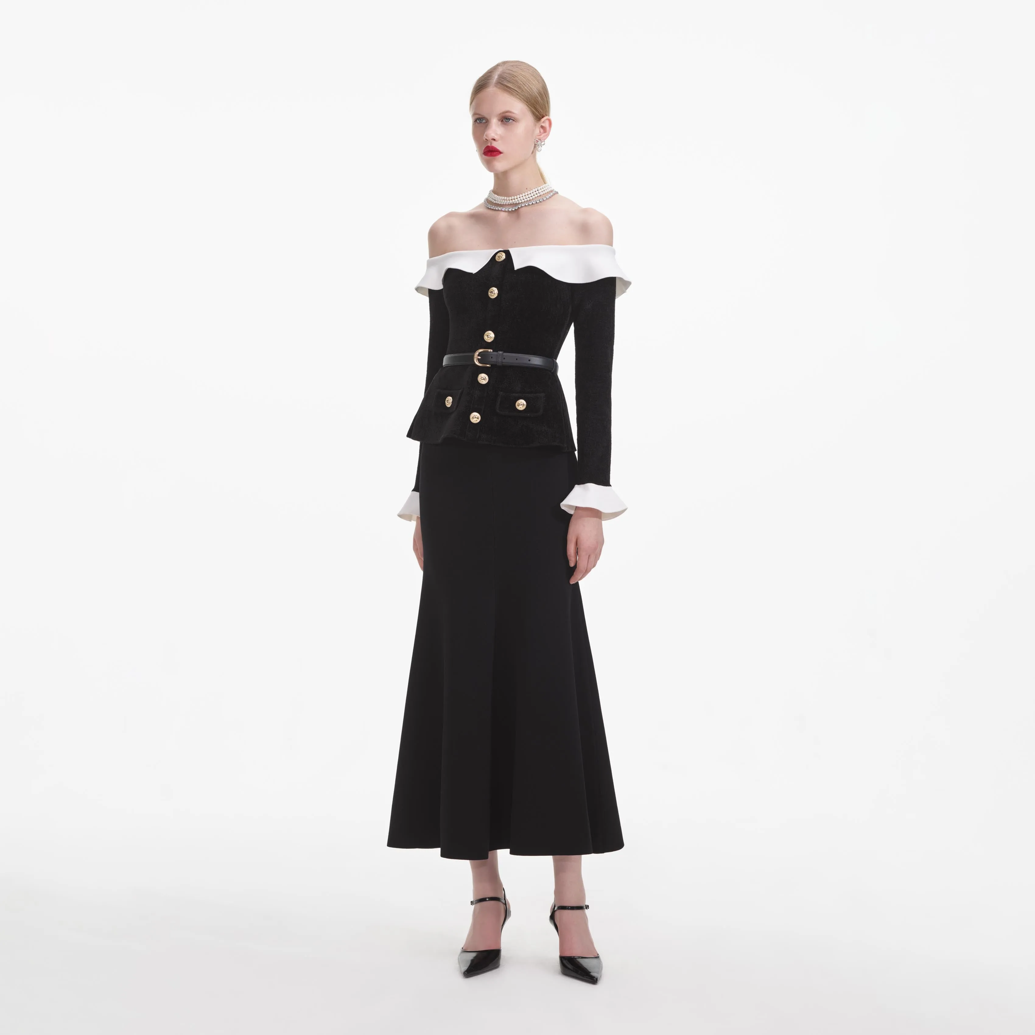 Black Chenille Knit Off Shoulder Midi Dress Self Portrait
