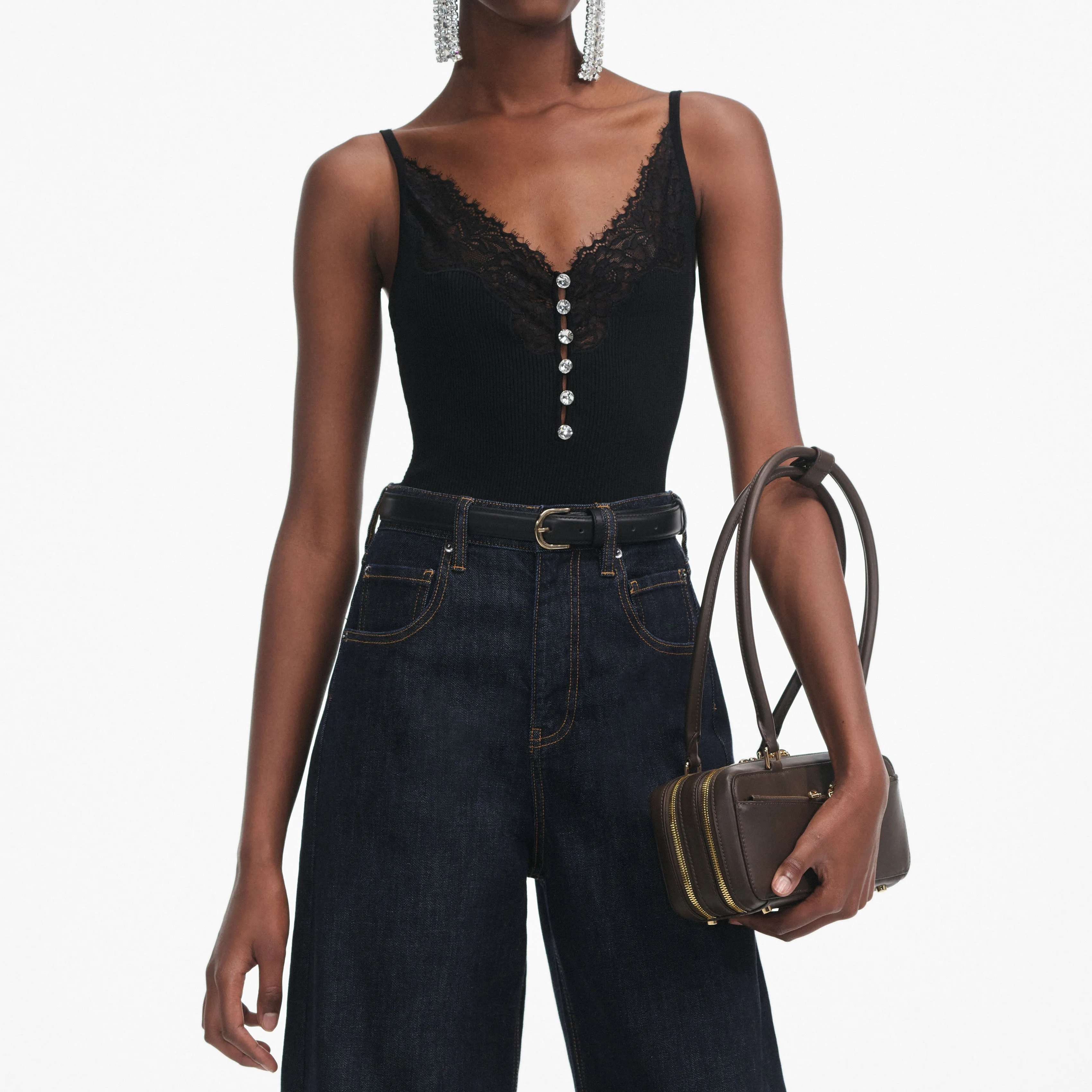 Black Lace Trim Rib Knit Top Self Portrait