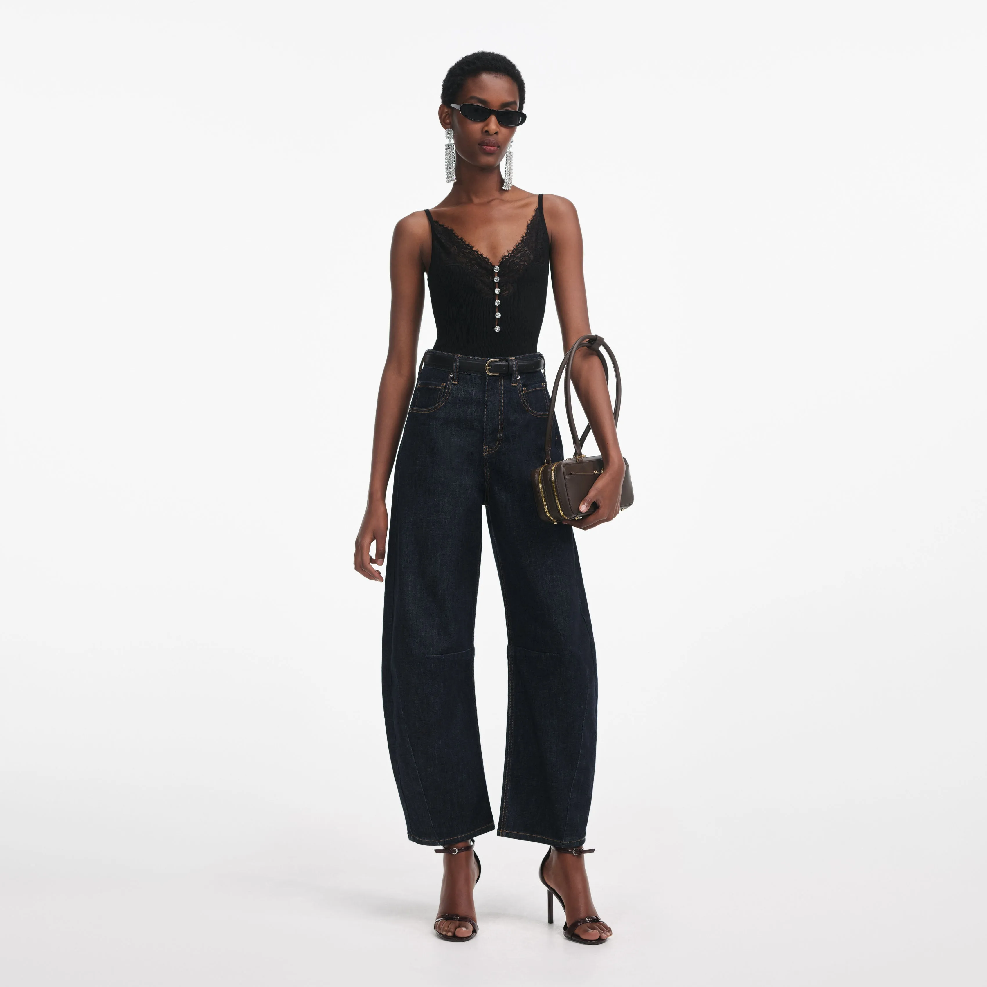 Black Lace Trim Rib Knit Top Self Portrait