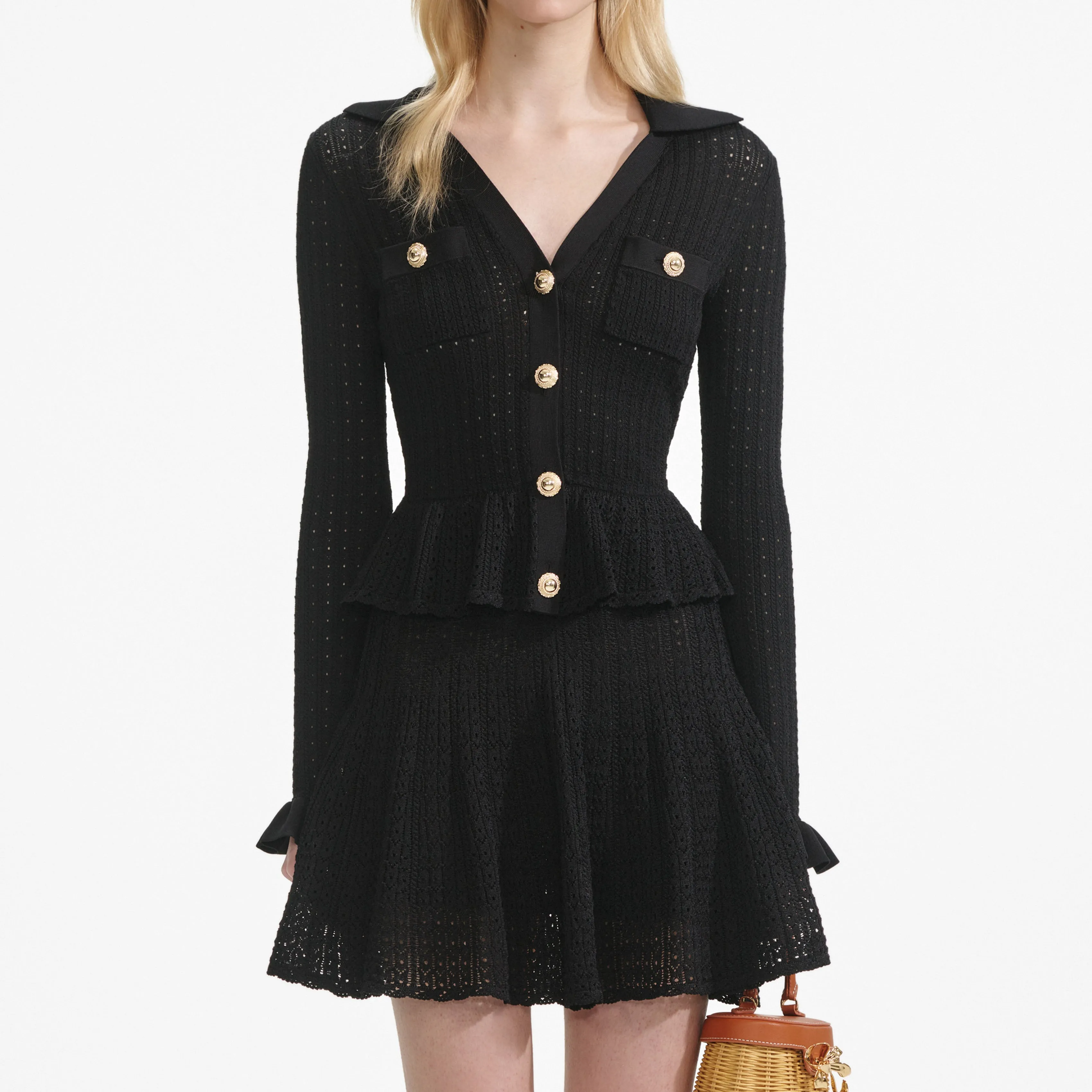 Black Pointelle V Neck Knit Mini Dress Self Portrait