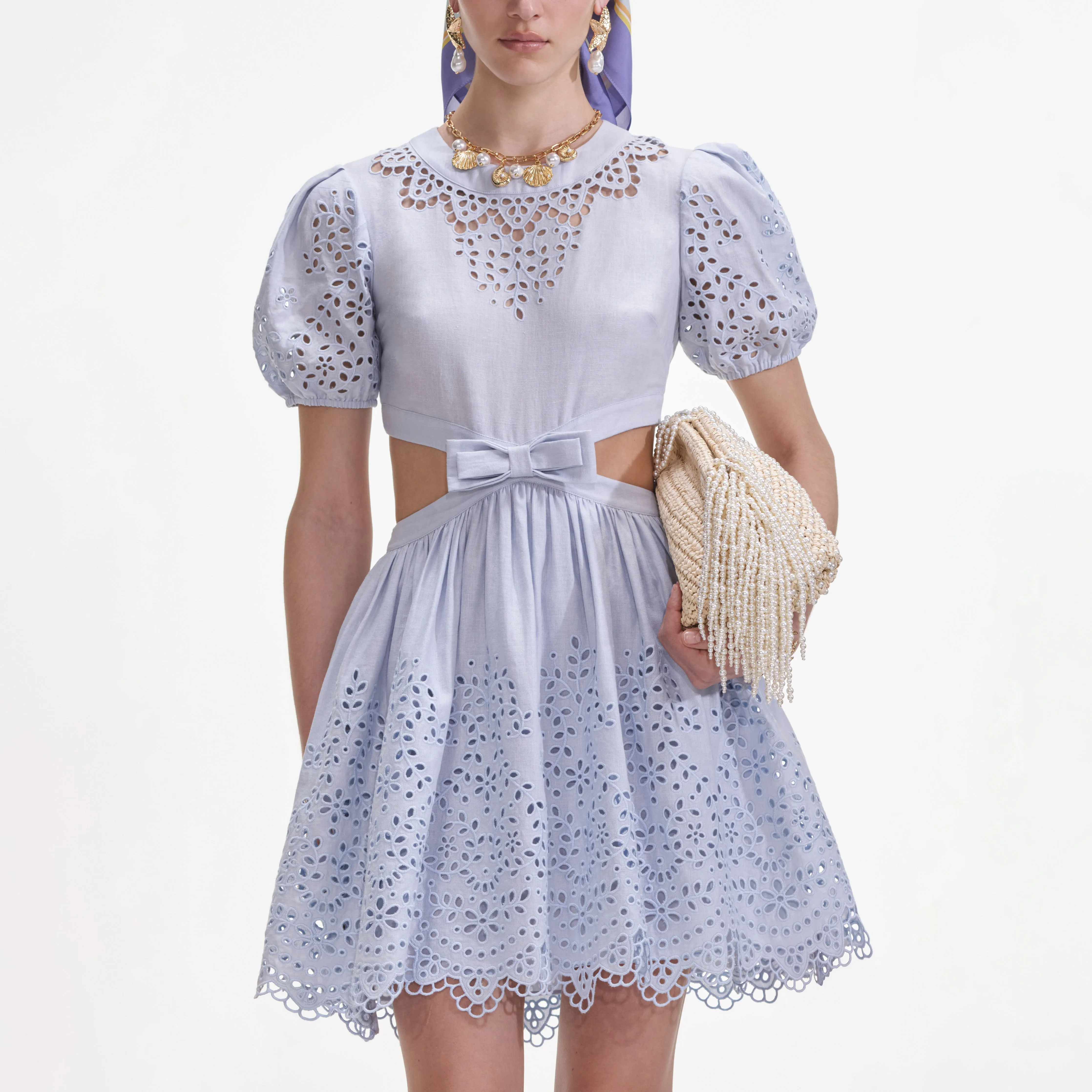 Blue Embroidered Linen Mini Dress Self Portrait