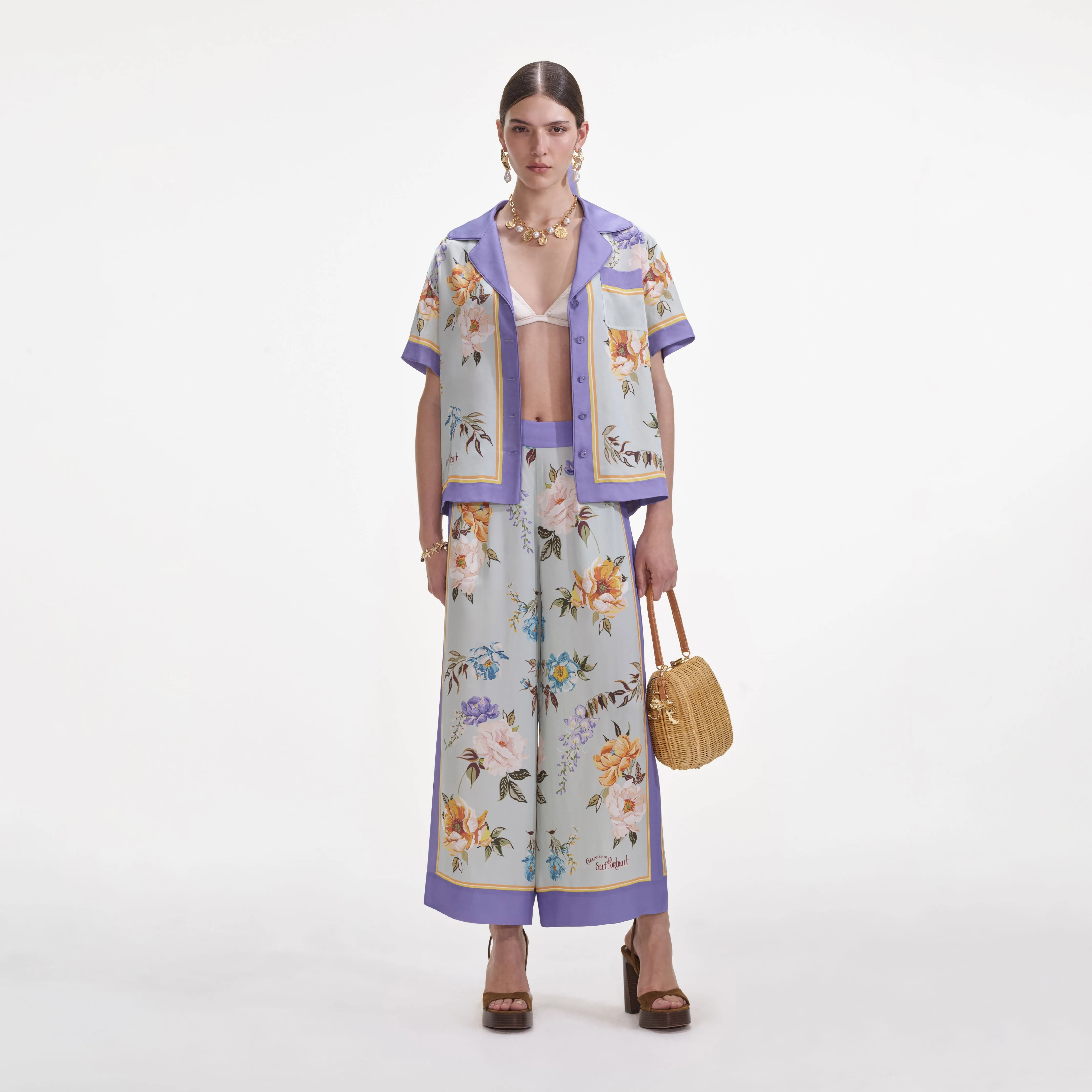 Blue Floral Viscose Trousers Self Portrait