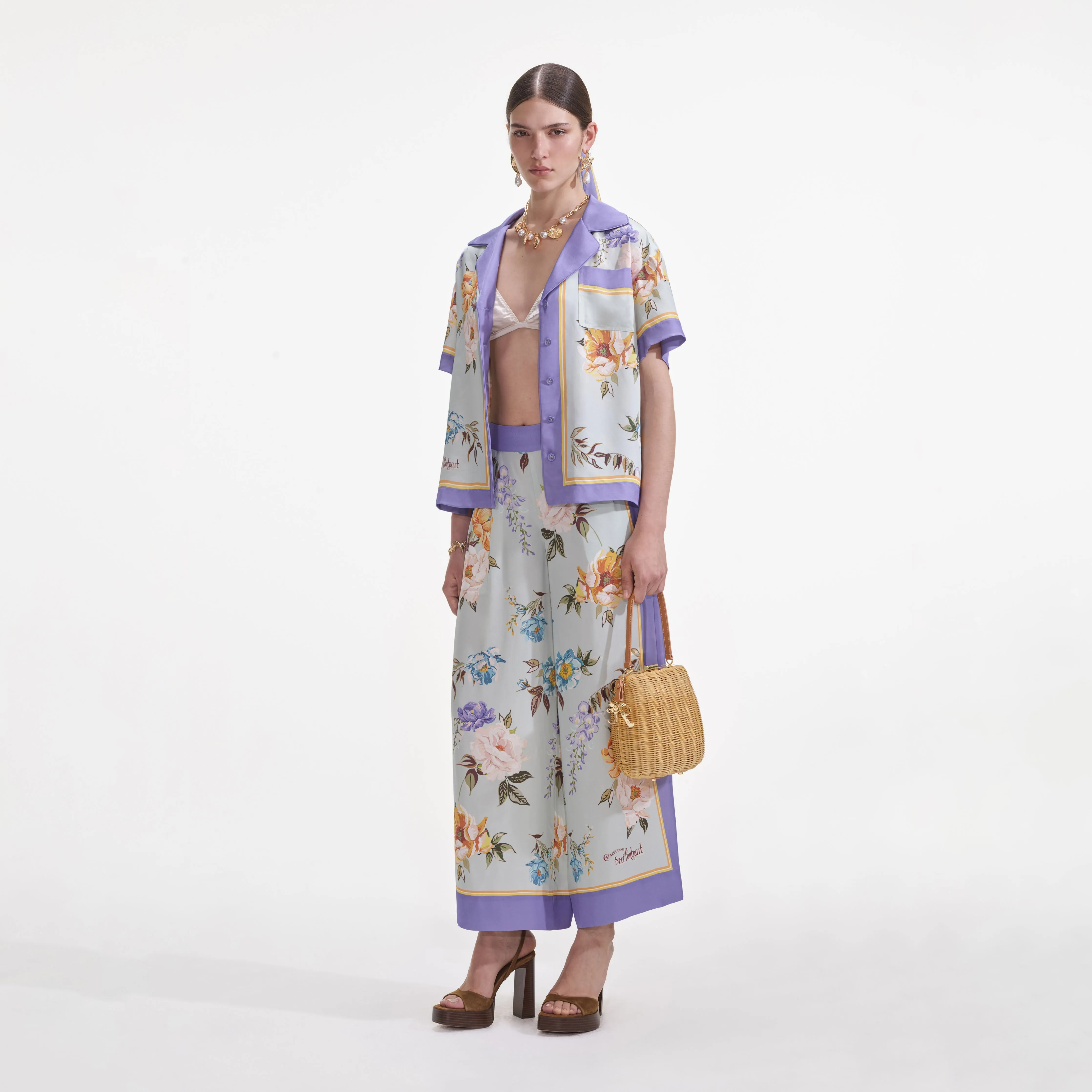 Blue Floral Viscose Trousers Self Portrait