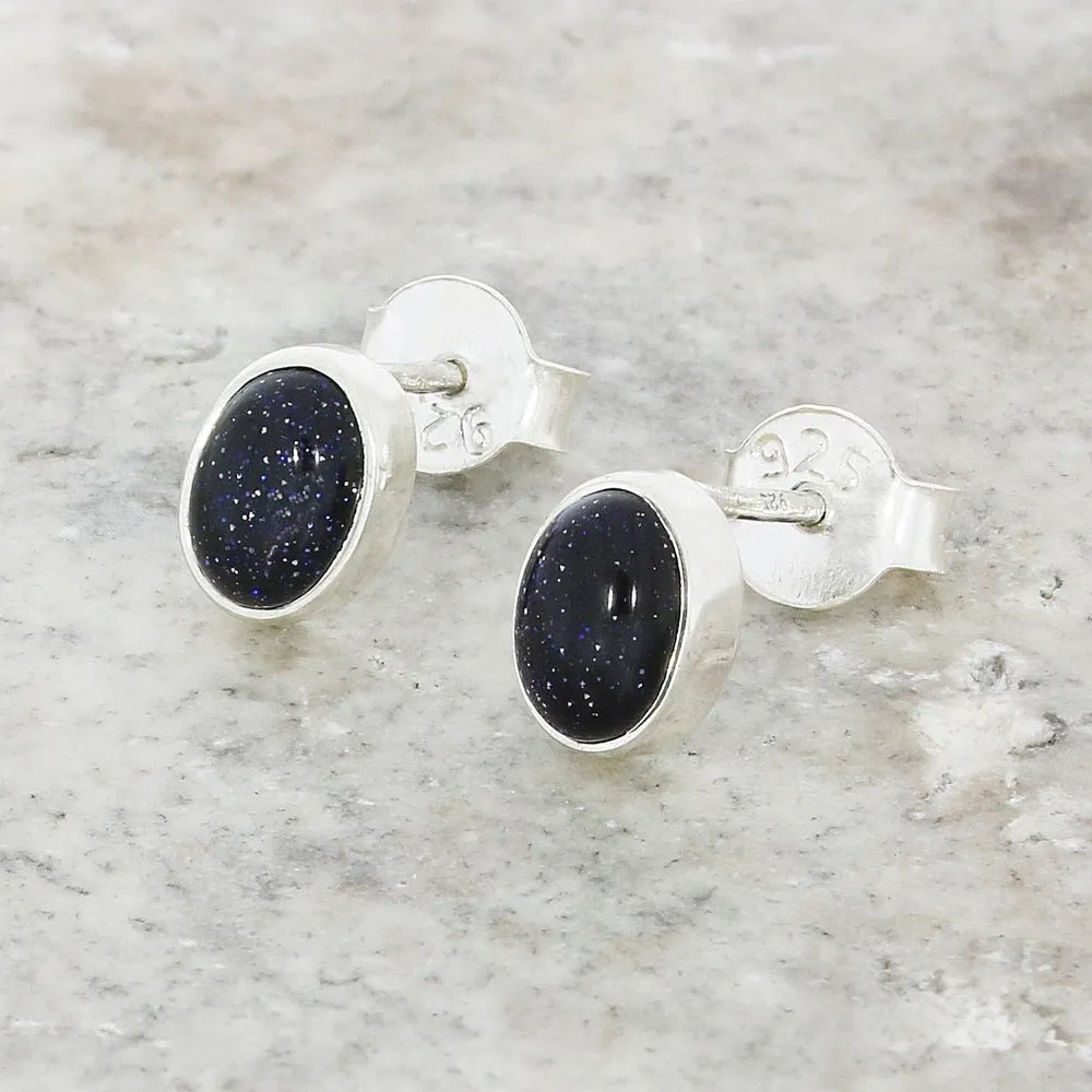 Blue Goldstone Sterling Silver Oval Stud Earrings