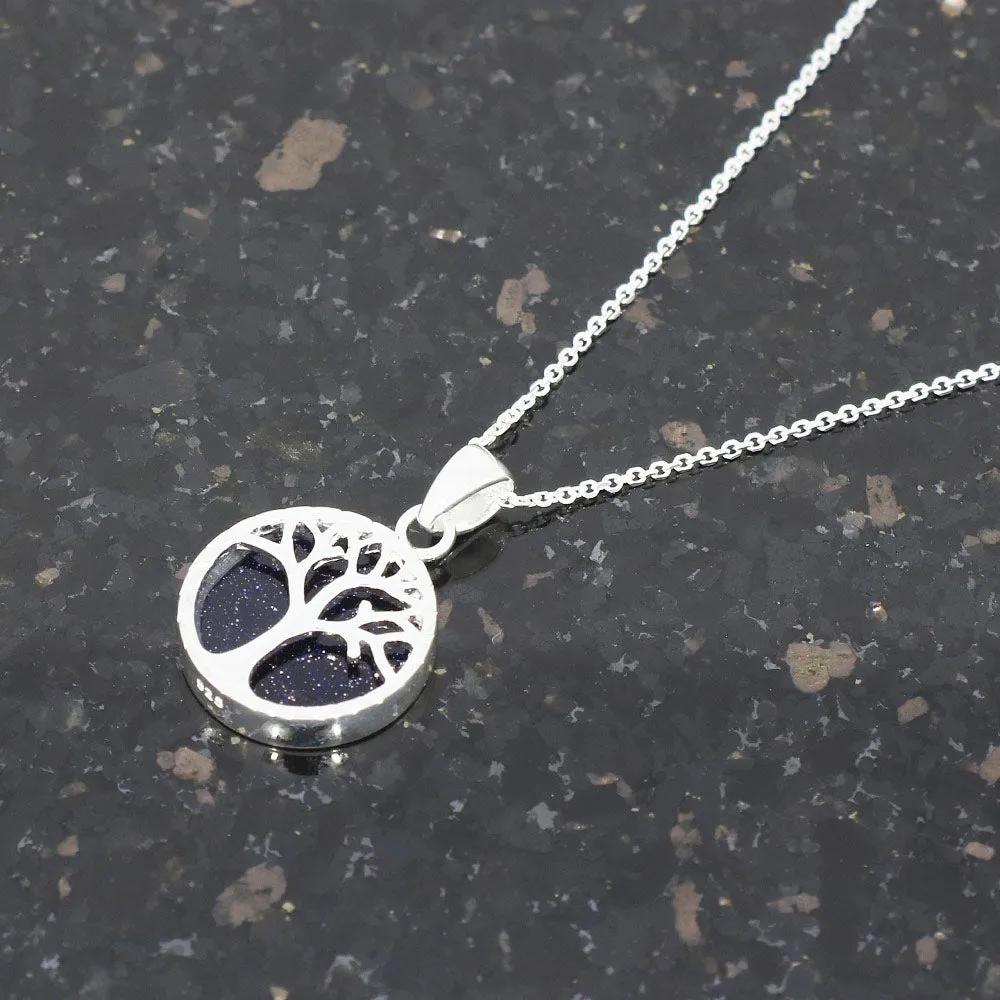 Blue Goldstone Sterling Silver Tree of Life Pendant & Chain