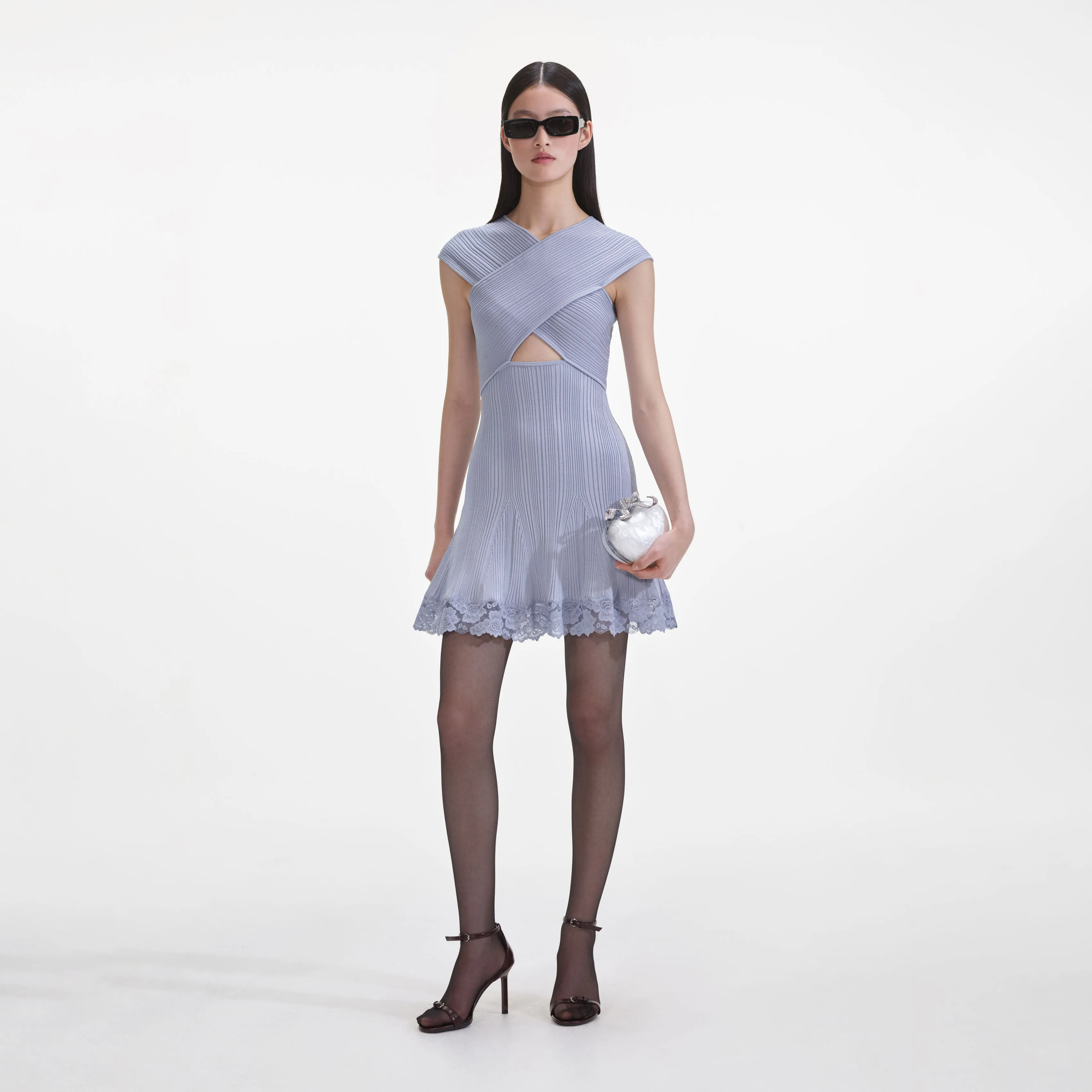 Blue Knit Lace Insert Mini Dress Self Portrait