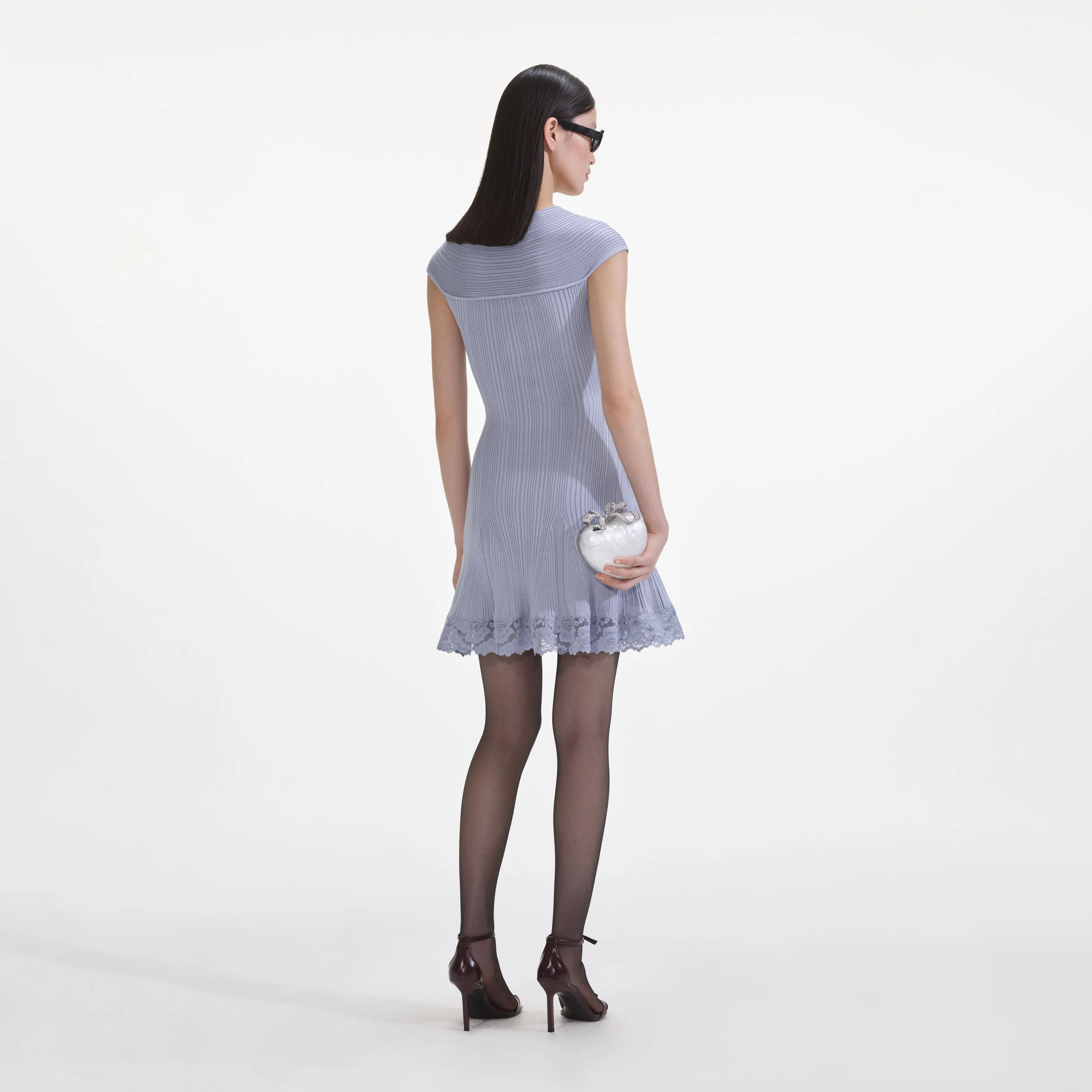 Blue Knit Lace Insert Mini Dress Self Portrait