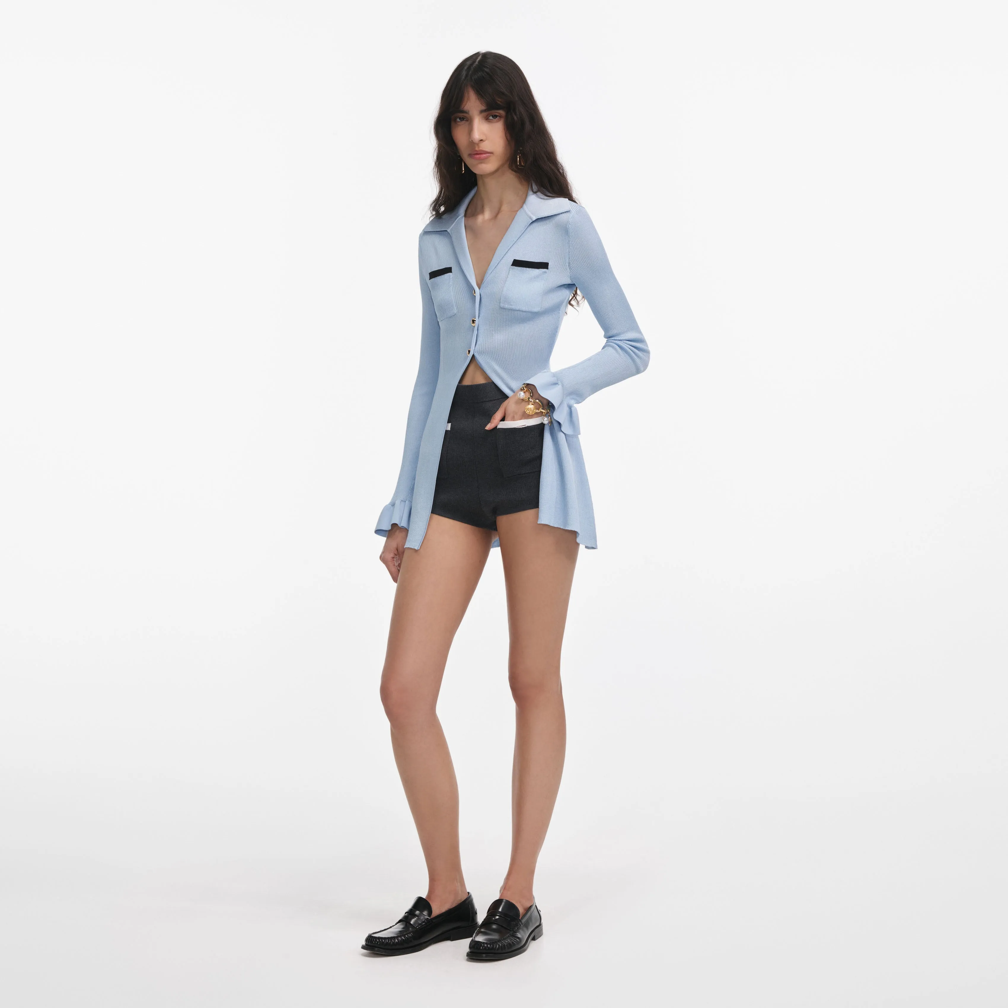 Blue Ribbed Viscose Knit Longline Top Self Portrait