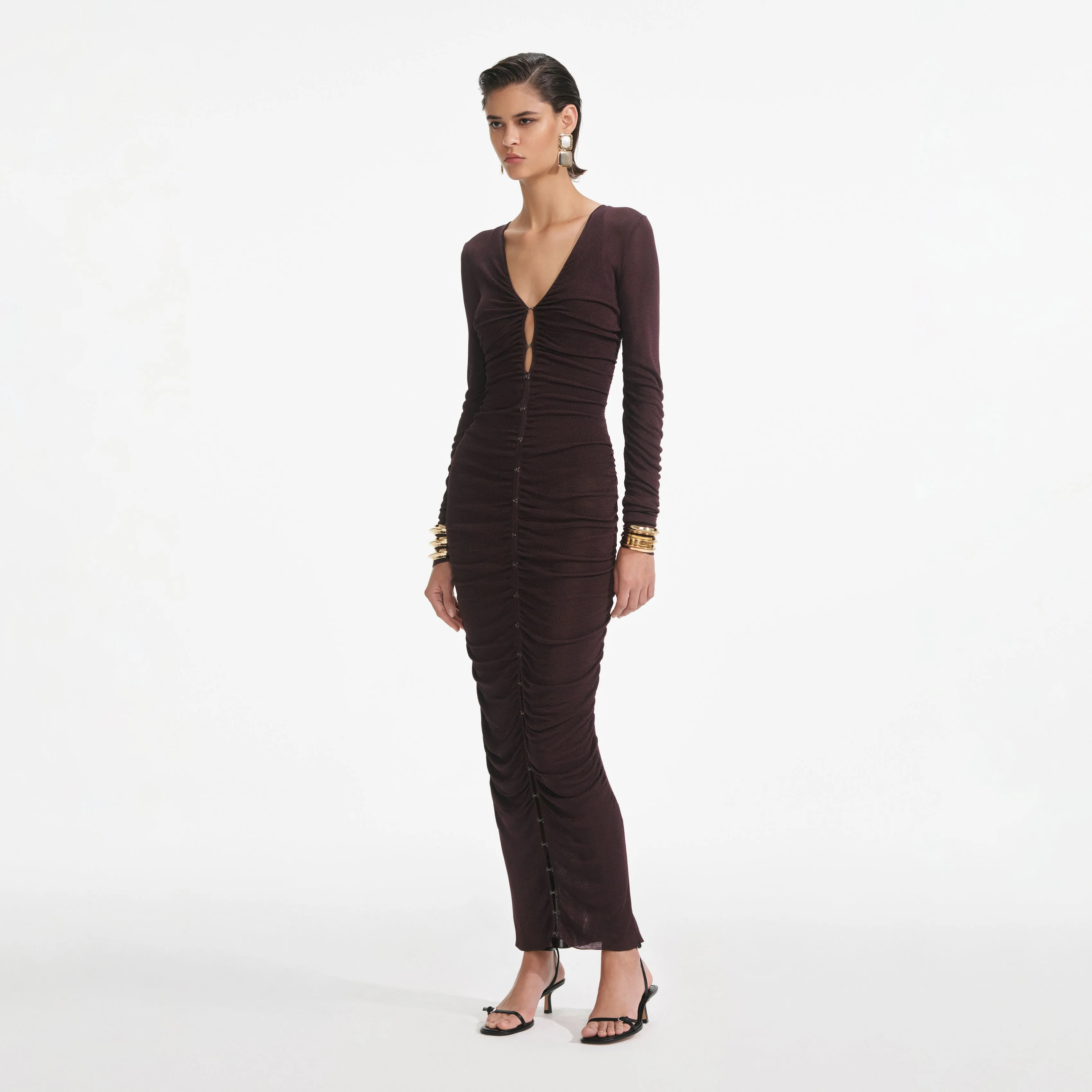 Brown Gathered Viscose Knit Midi Dress Self Portrait