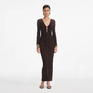 Brown Gathered Viscose Knit Midi Dress Self Portrait