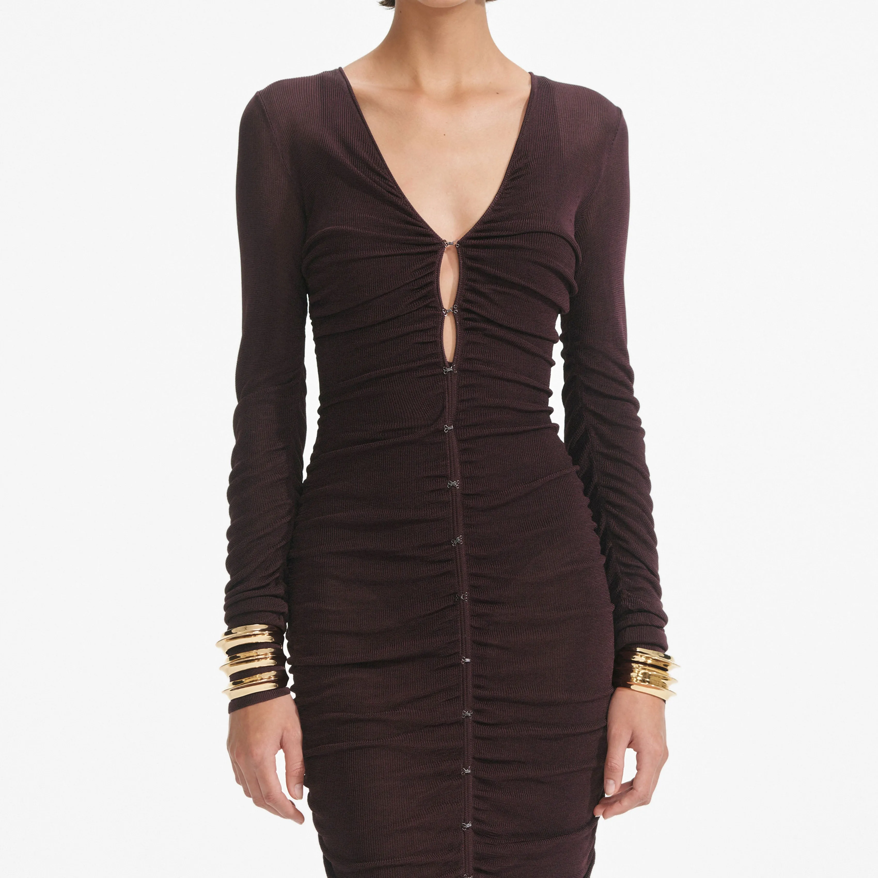 Brown Gathered Viscose Knit Midi Dress Self Portrait