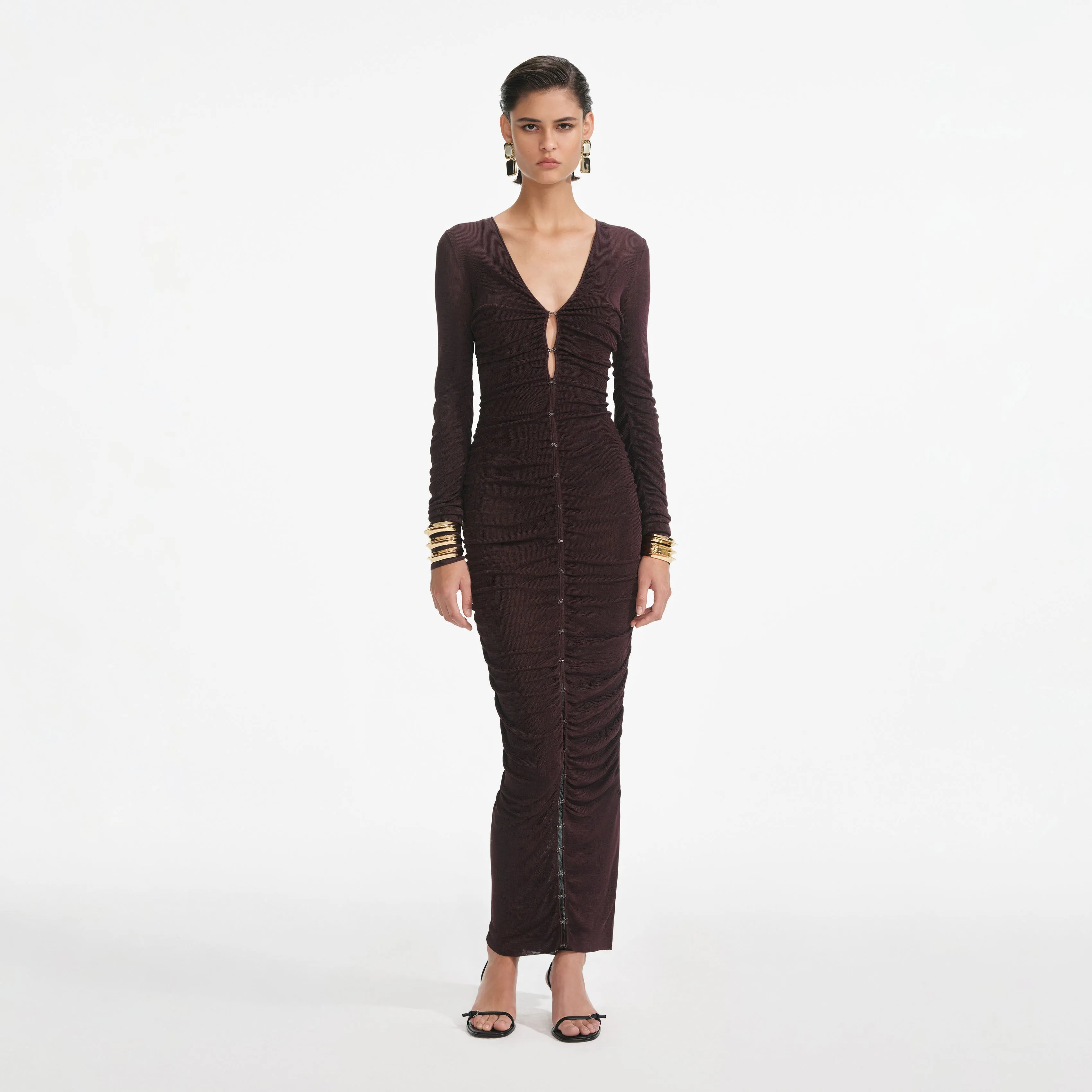 Brown Gathered Viscose Knit Midi Dress Self Portrait
